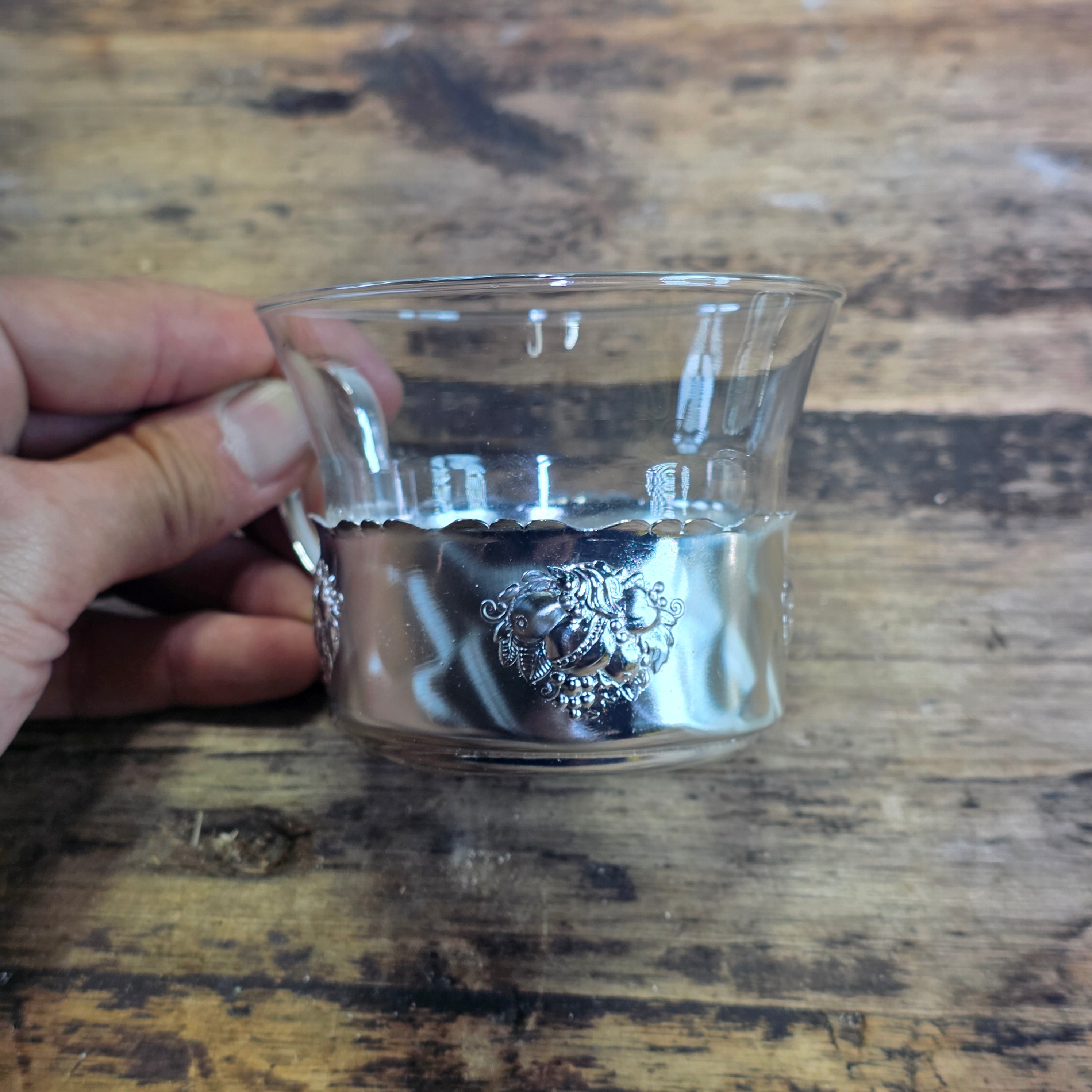 Vintage BMF Quist W-Germany Silver Plated Glass Tea Cup Saucer Set & Mini Basket