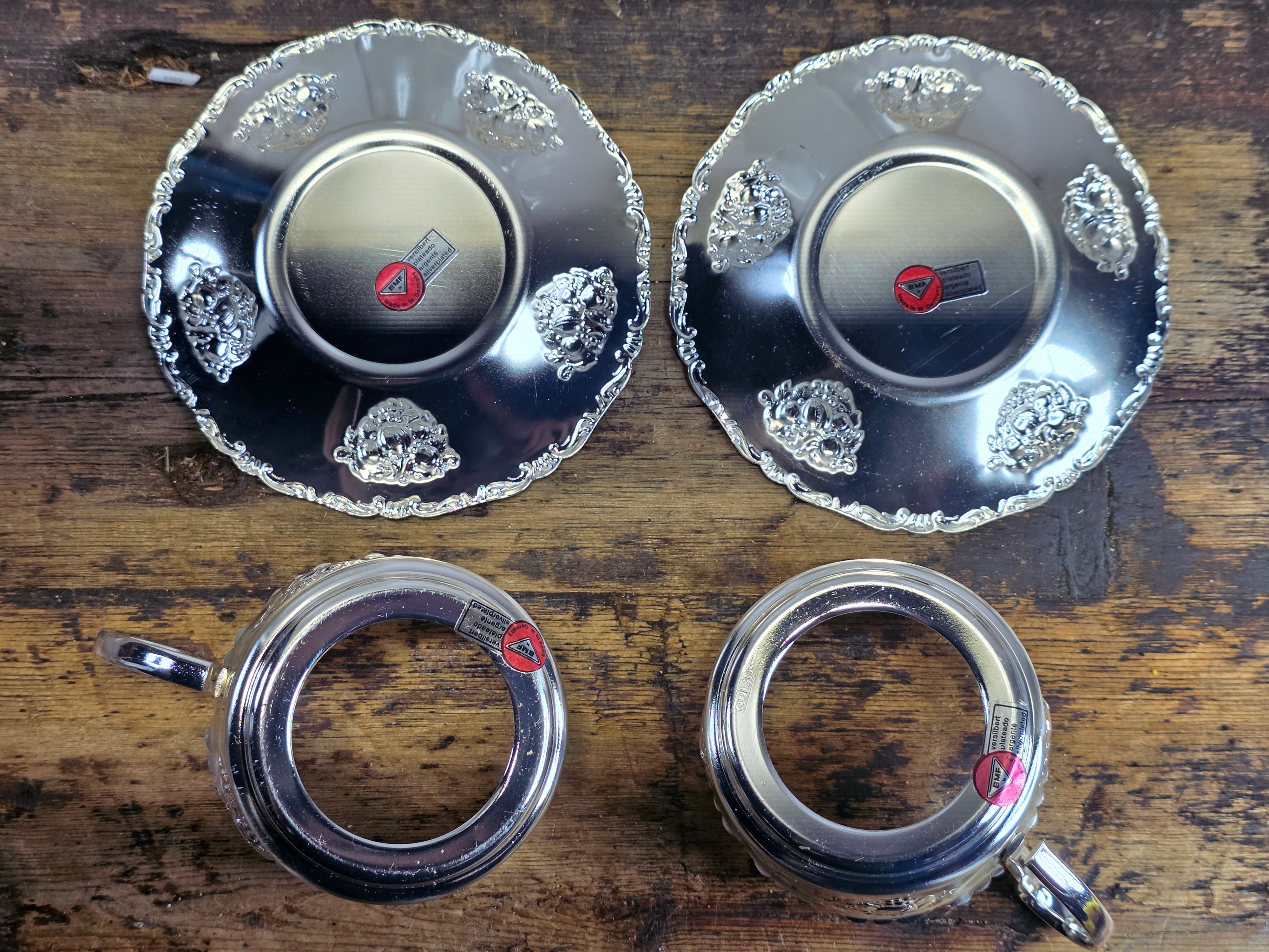 Vintage BMF Quist W-Germany Silver Plated Glass Tea Cup Saucer Set & Mini Basket