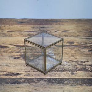 Vintage Brass Glass Cube Display Box Trinket Case Jewelry Curio Ball Feet 3.5"