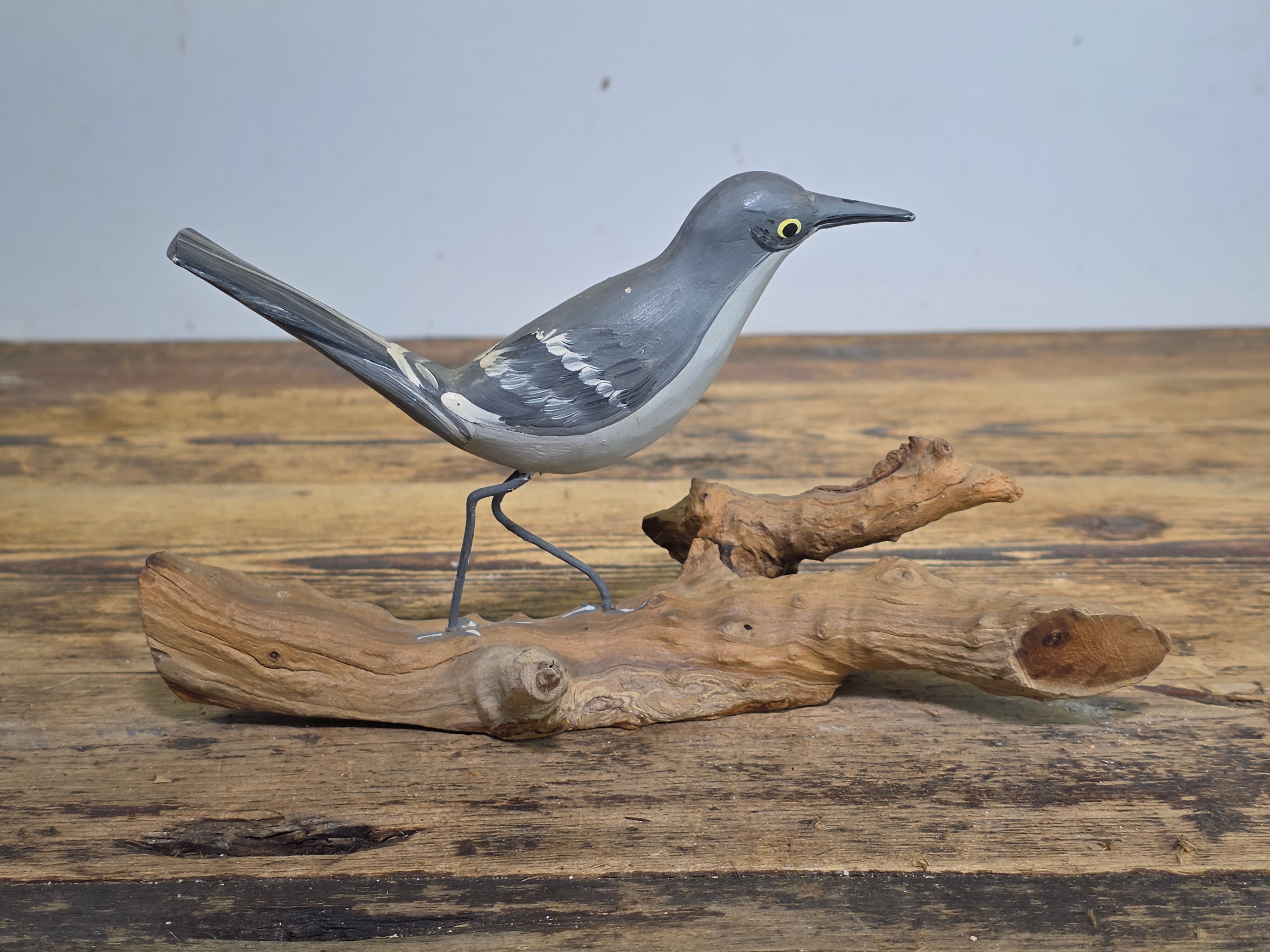 Vintage Hand Painted Wood Bird Decoy Northern Mockingbird Figurine on Driftwood