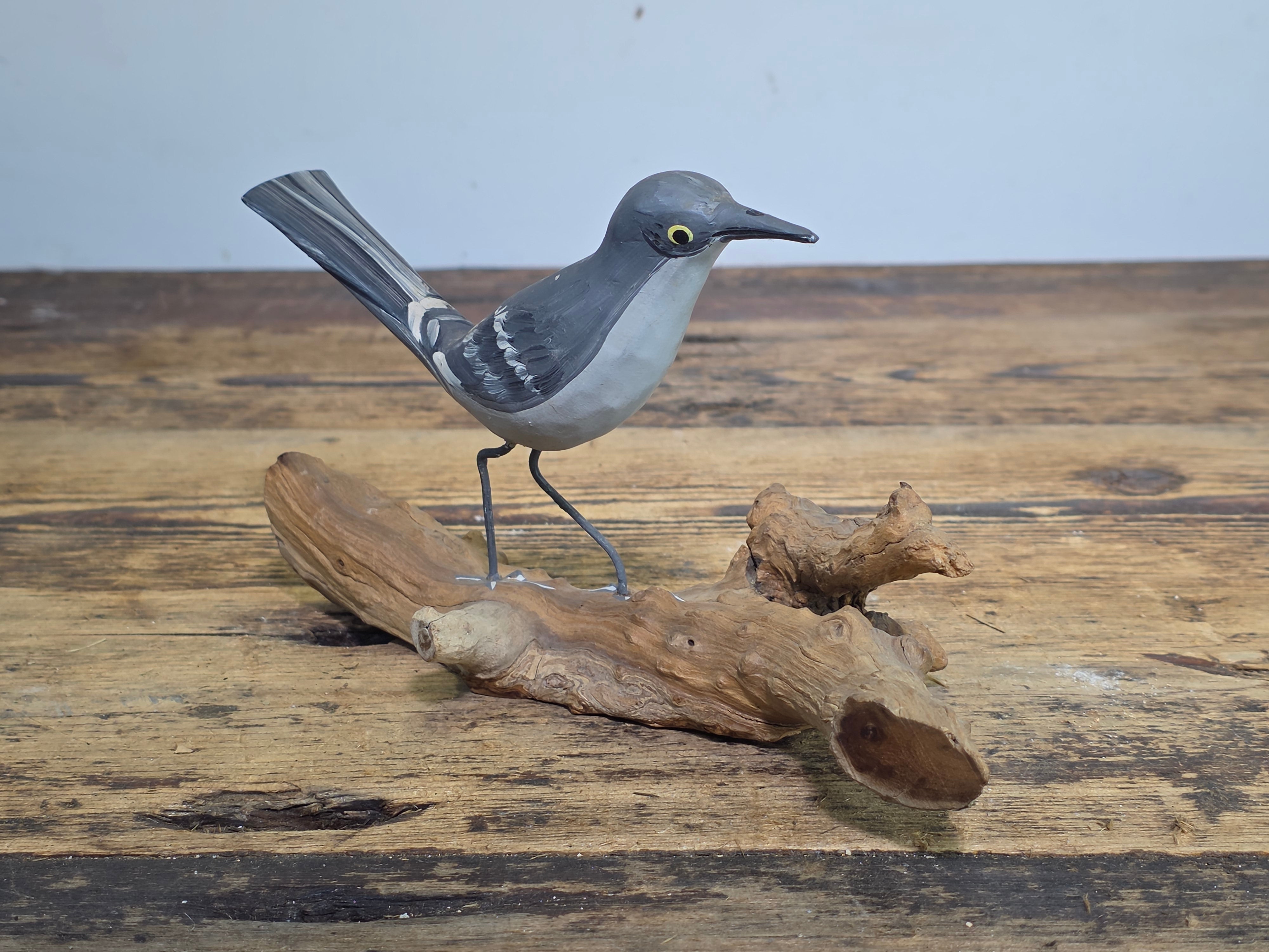 Vintage Hand Painted Wood Bird Decoy Northern Mockingbird Figurine on Driftwood