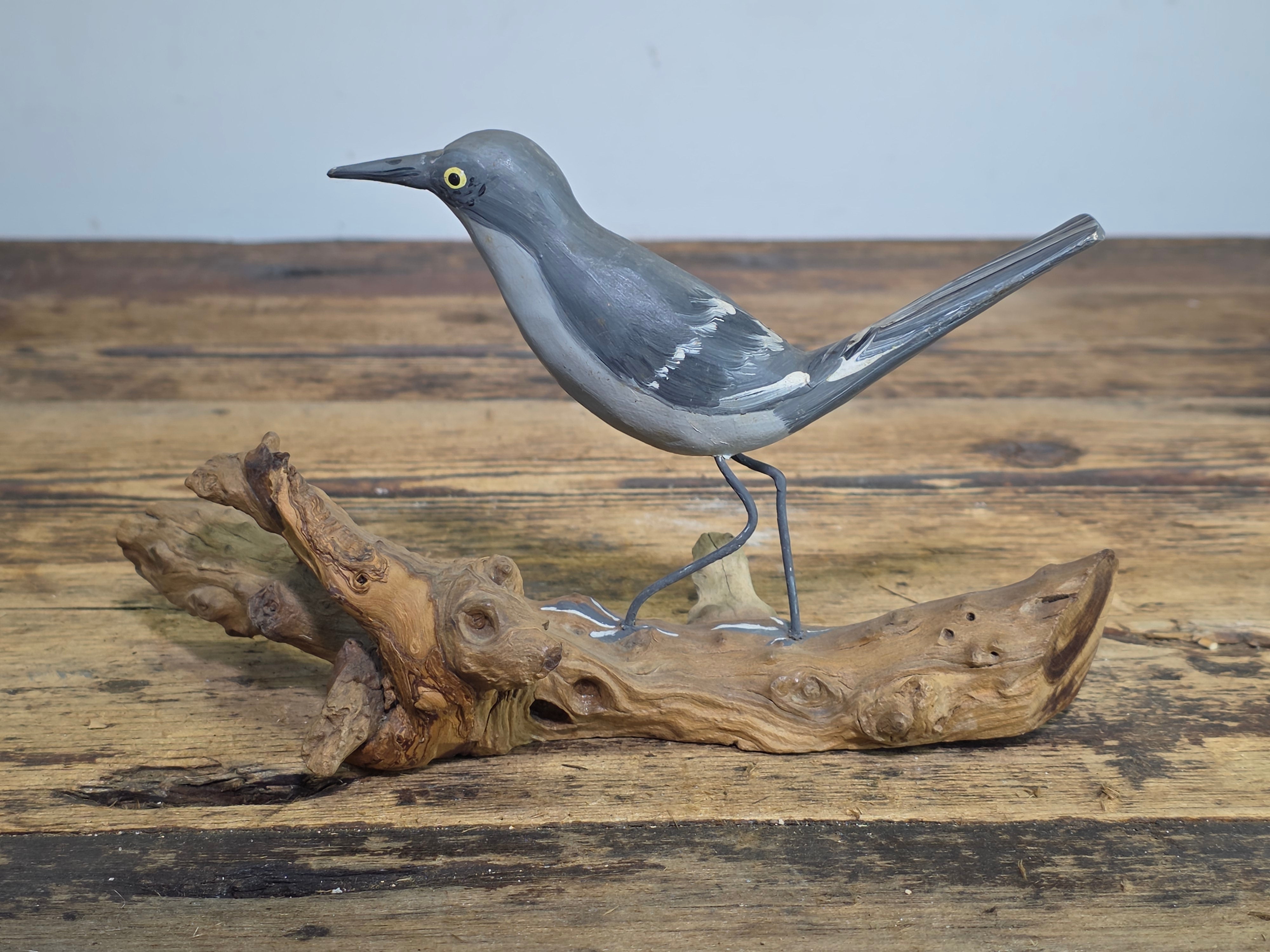 Vintage Hand Painted Wood Bird Decoy Northern Mockingbird Figurine on Driftwood