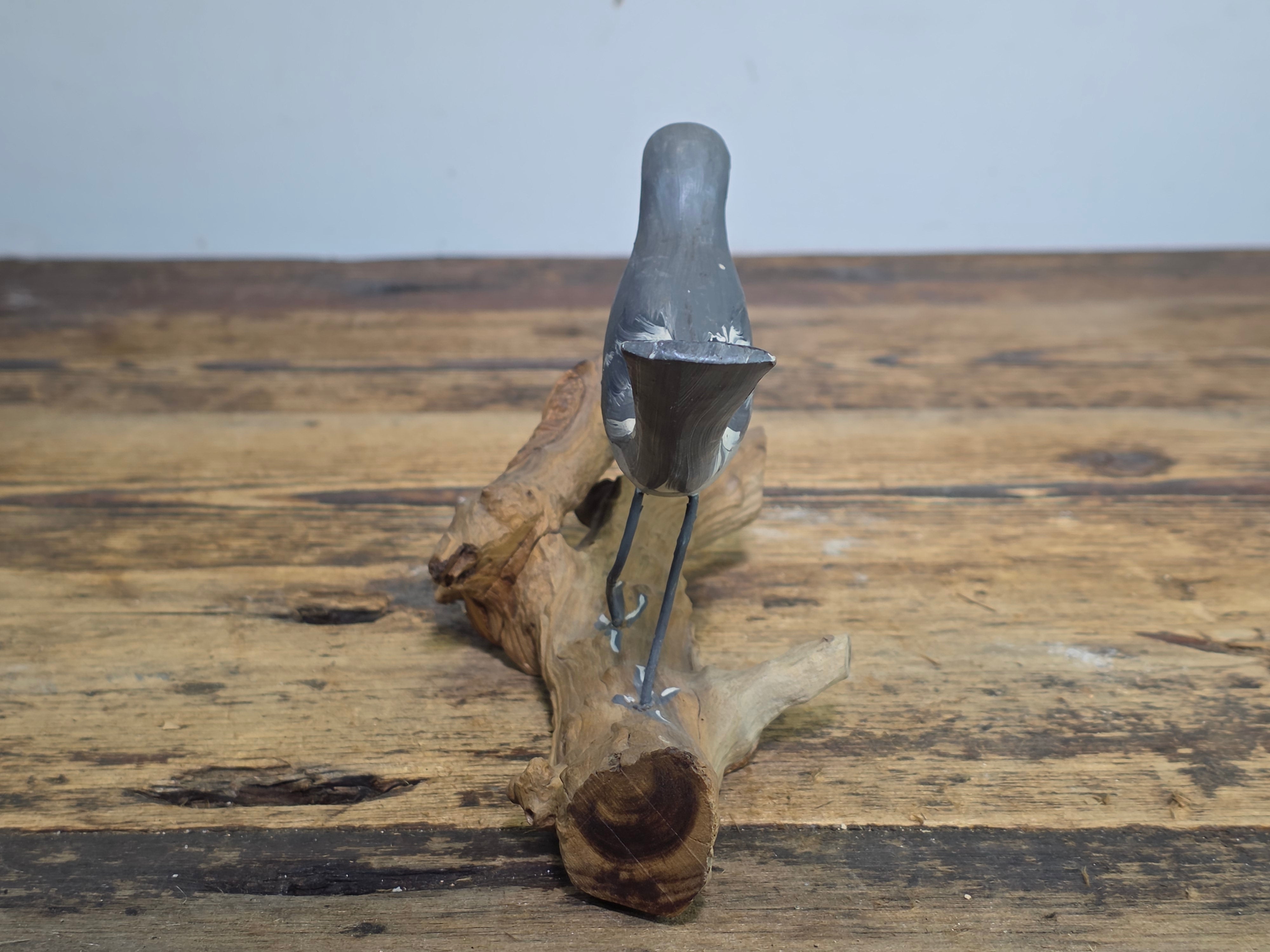 Vintage Hand Painted Wood Bird Decoy Northern Mockingbird Figurine on Driftwood