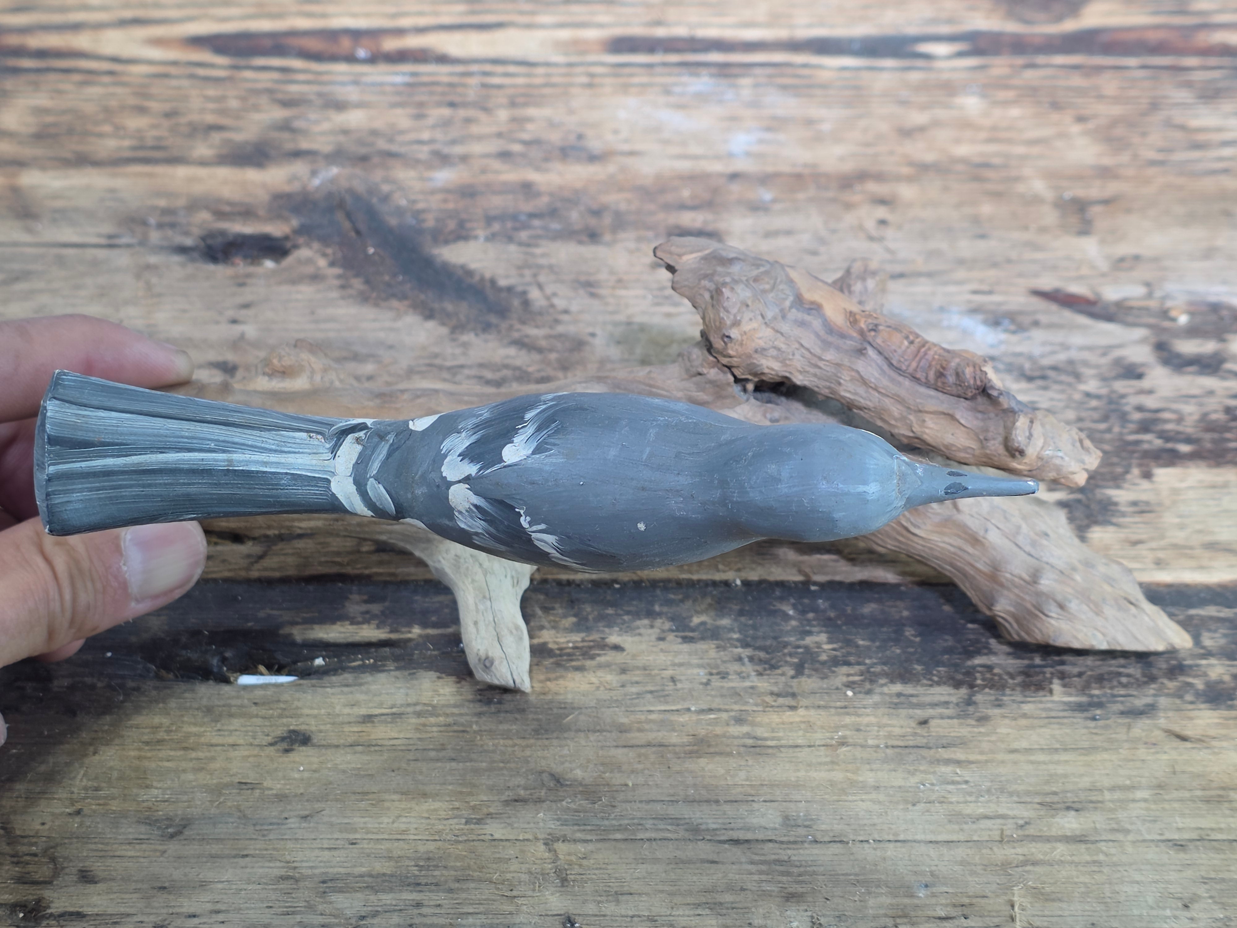 Vintage Hand Painted Wood Bird Decoy Northern Mockingbird Figurine on Driftwood