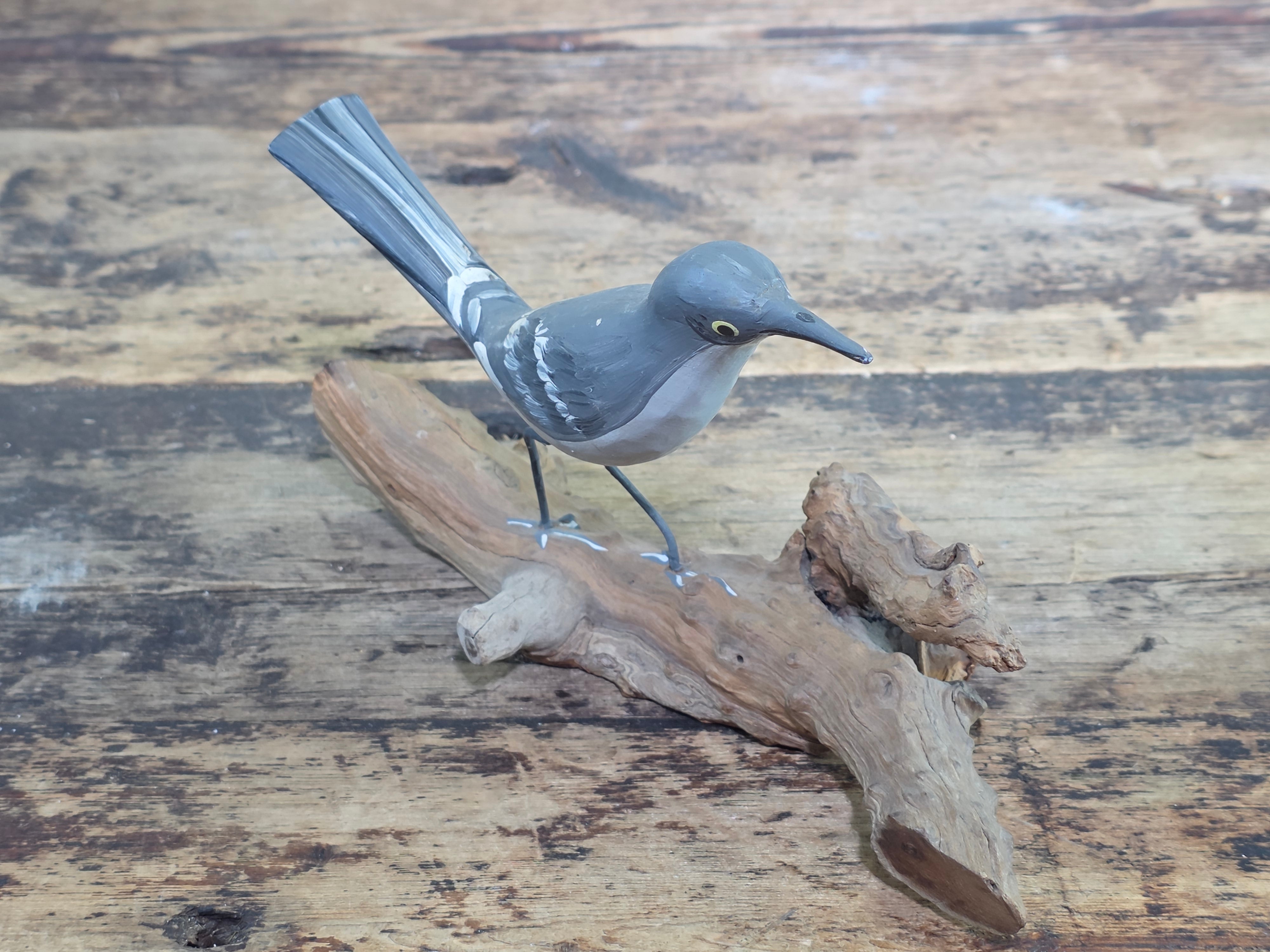 Vintage Hand Painted Wood Bird Decoy Northern Mockingbird Figurine on Driftwood