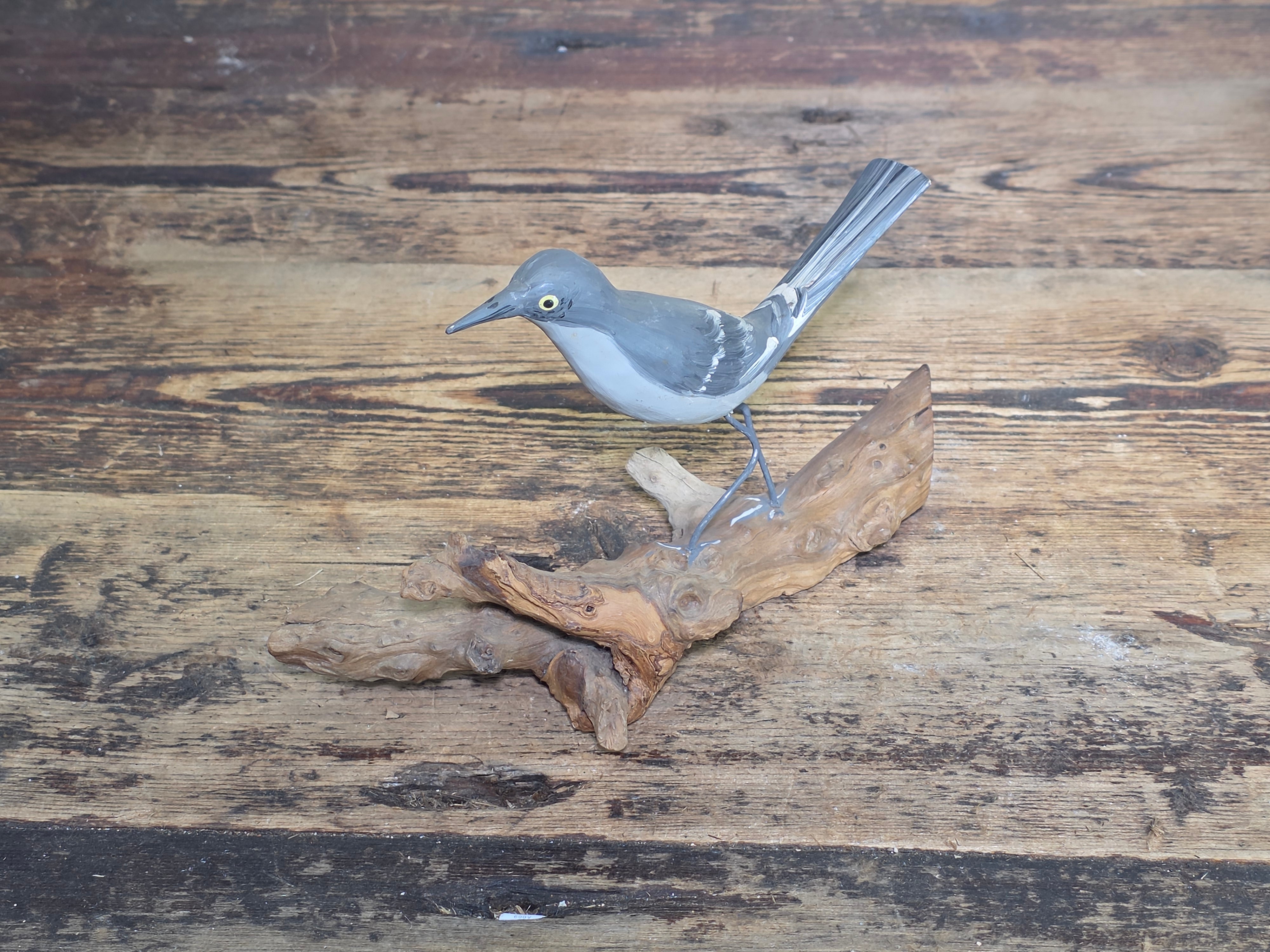 Vintage Hand Painted Wood Bird Decoy Northern Mockingbird Figurine on Driftwood