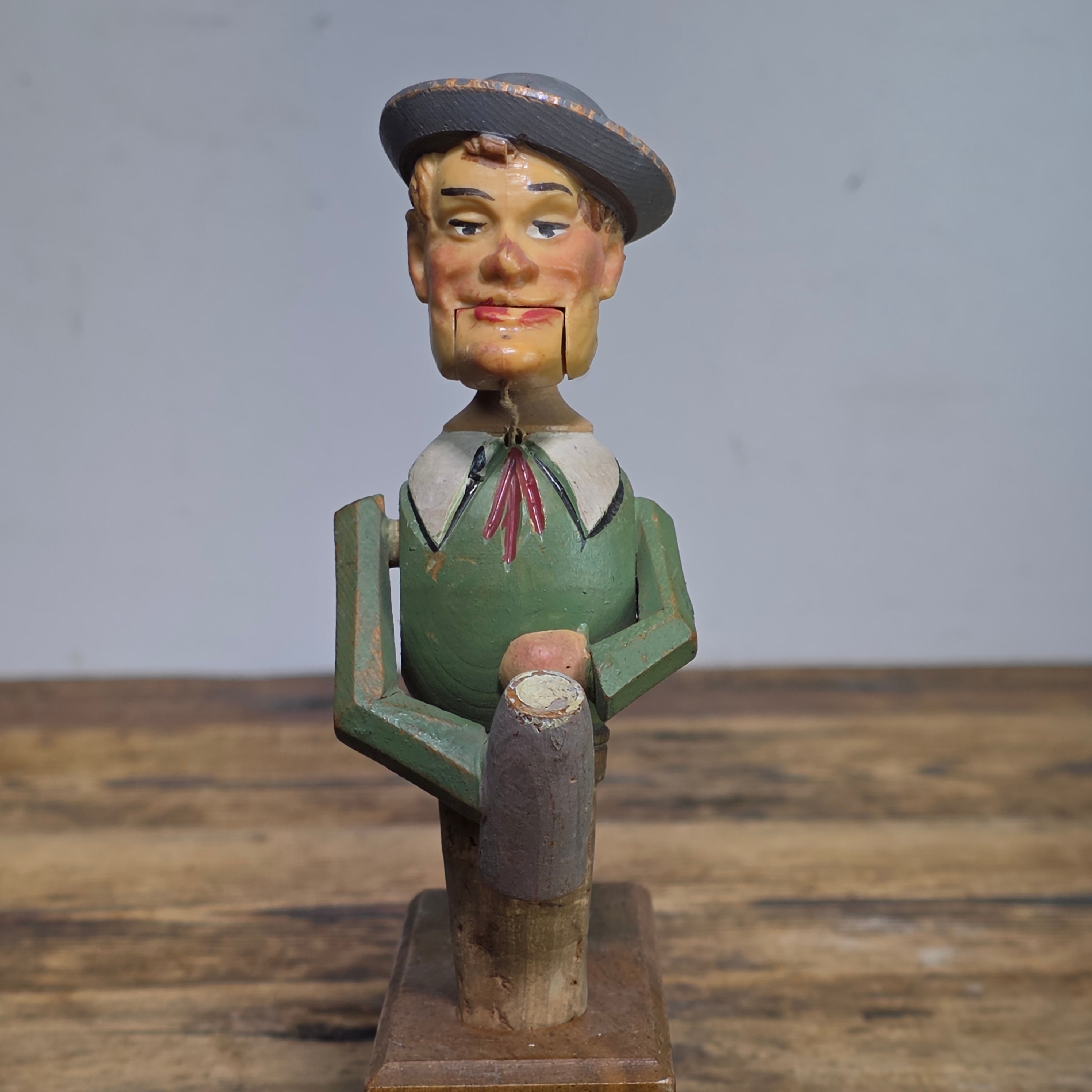 Vintage Anri Style Mechanical Bottle Stopper Wood Carved German Beer Drinker