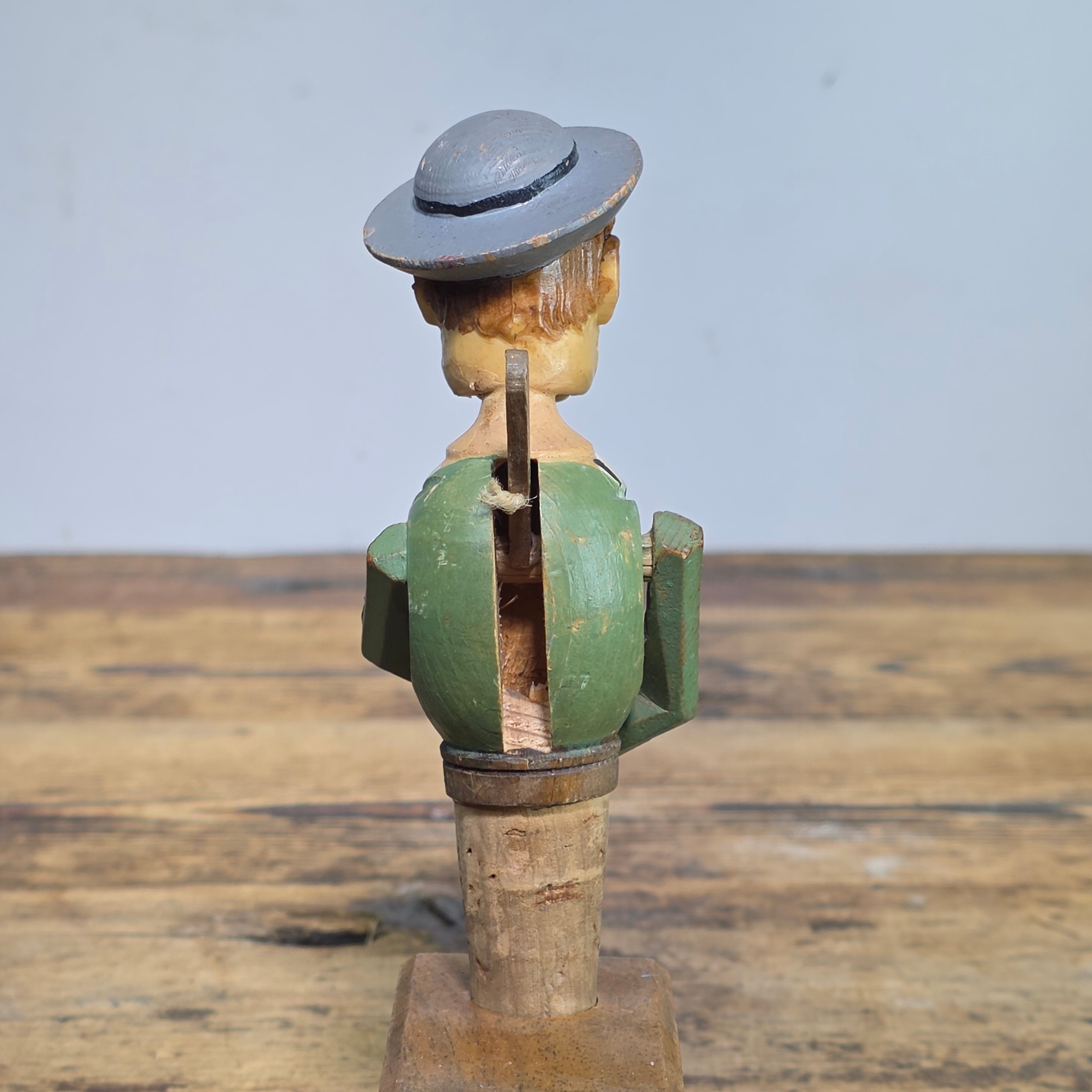 Vintage Anri Style Mechanical Bottle Stopper Wood Carved German Beer Drinker