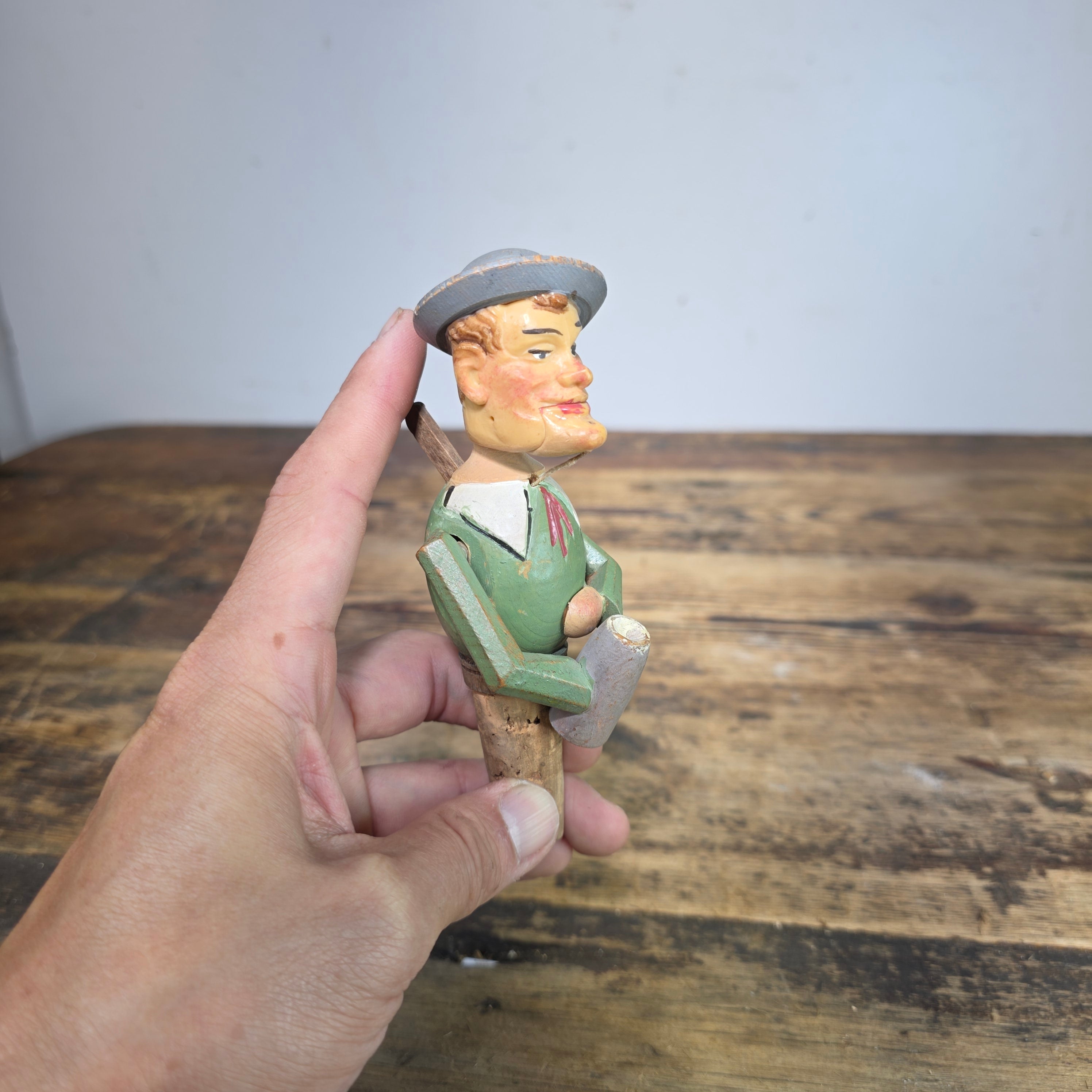 Vintage Anri Style Mechanical Bottle Stopper Wood Carved German Beer Drinker