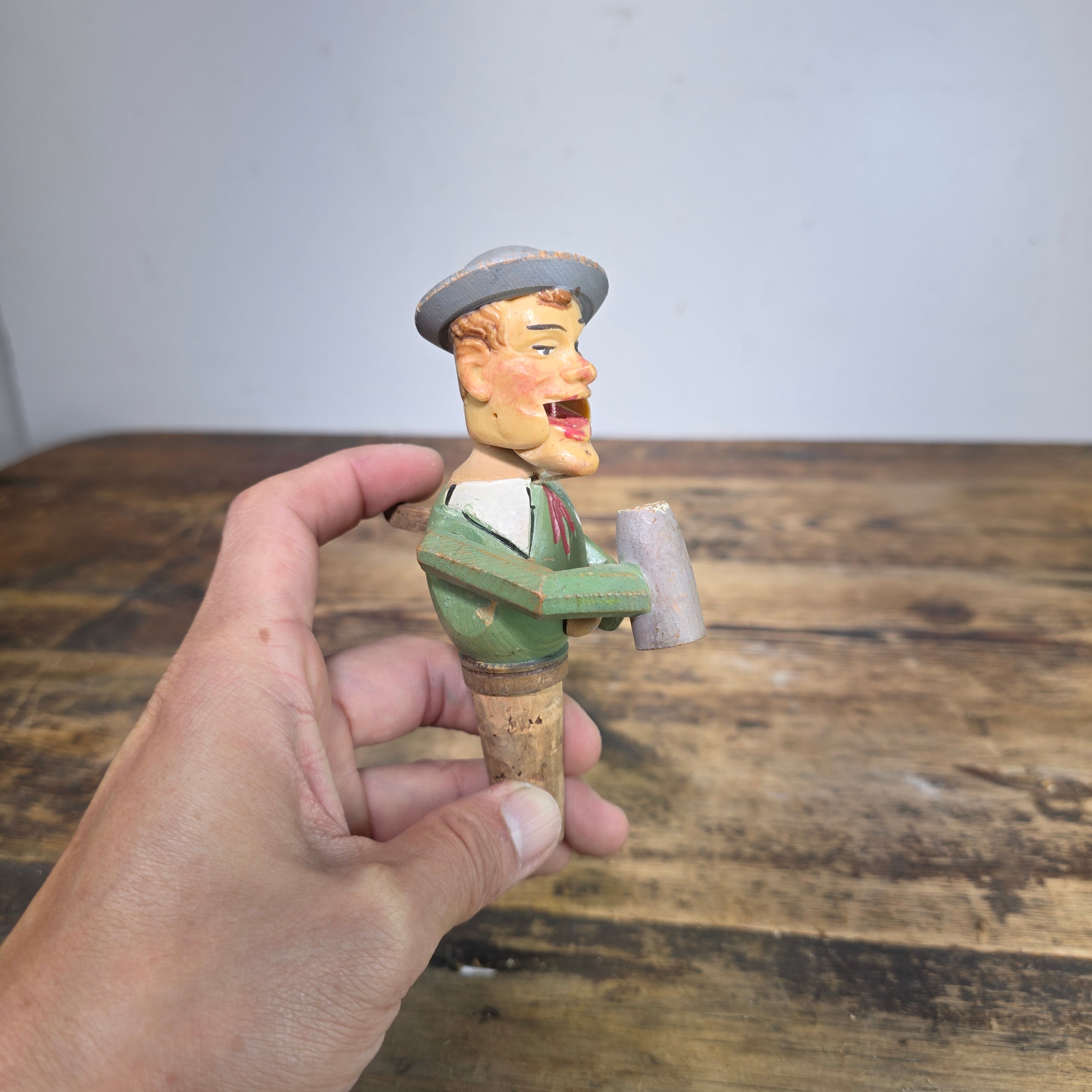 Vintage Anri Style Mechanical Bottle Stopper Wood Carved German Beer Drinker