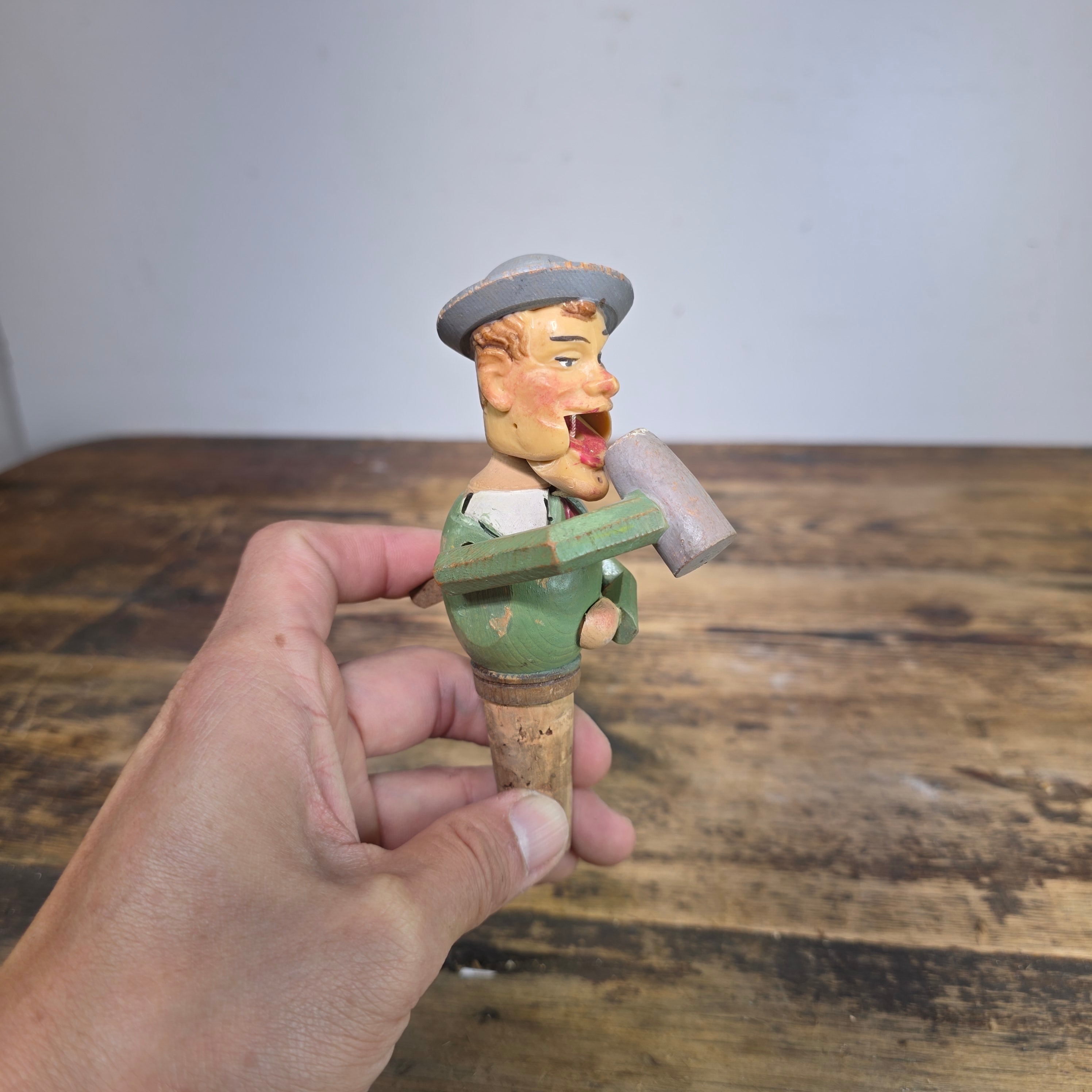 Vintage Anri Style Mechanical Bottle Stopper Wood Carved German Beer Drinker