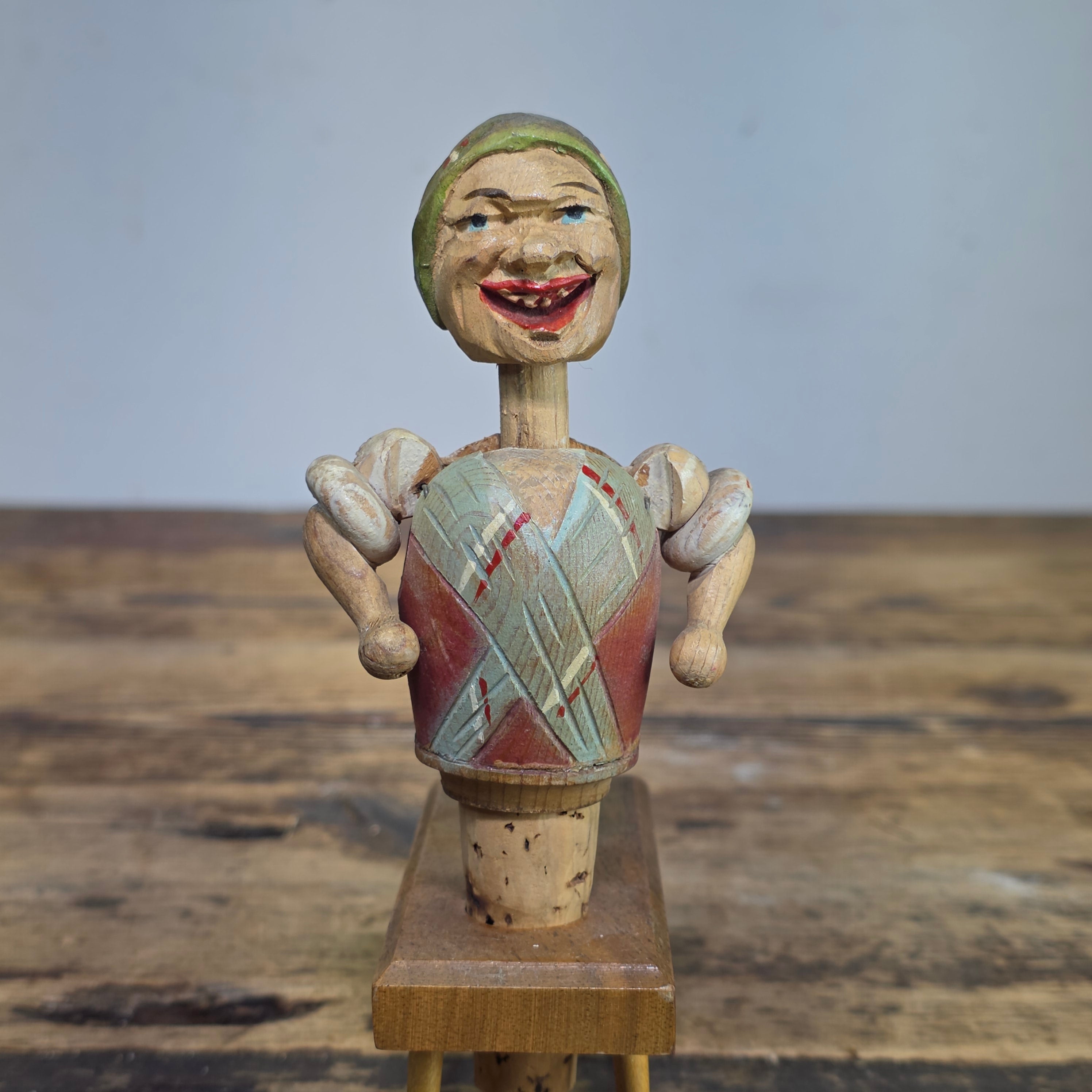 RARE VINTAGE ANRI MECHANICAL BOTTLE STOPPER WOOD CARVED HEAD TWIST ARMS UP ITALY