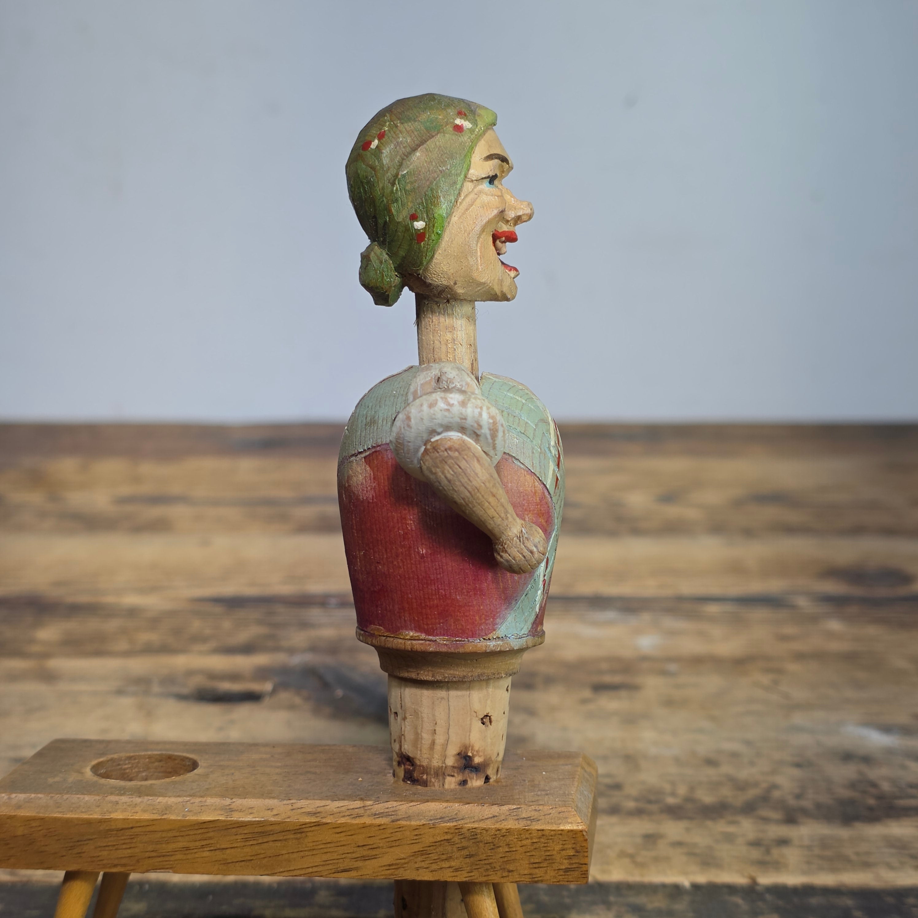 RARE VINTAGE ANRI MECHANICAL BOTTLE STOPPER WOOD CARVED HEAD TWIST ARMS UP ITALY