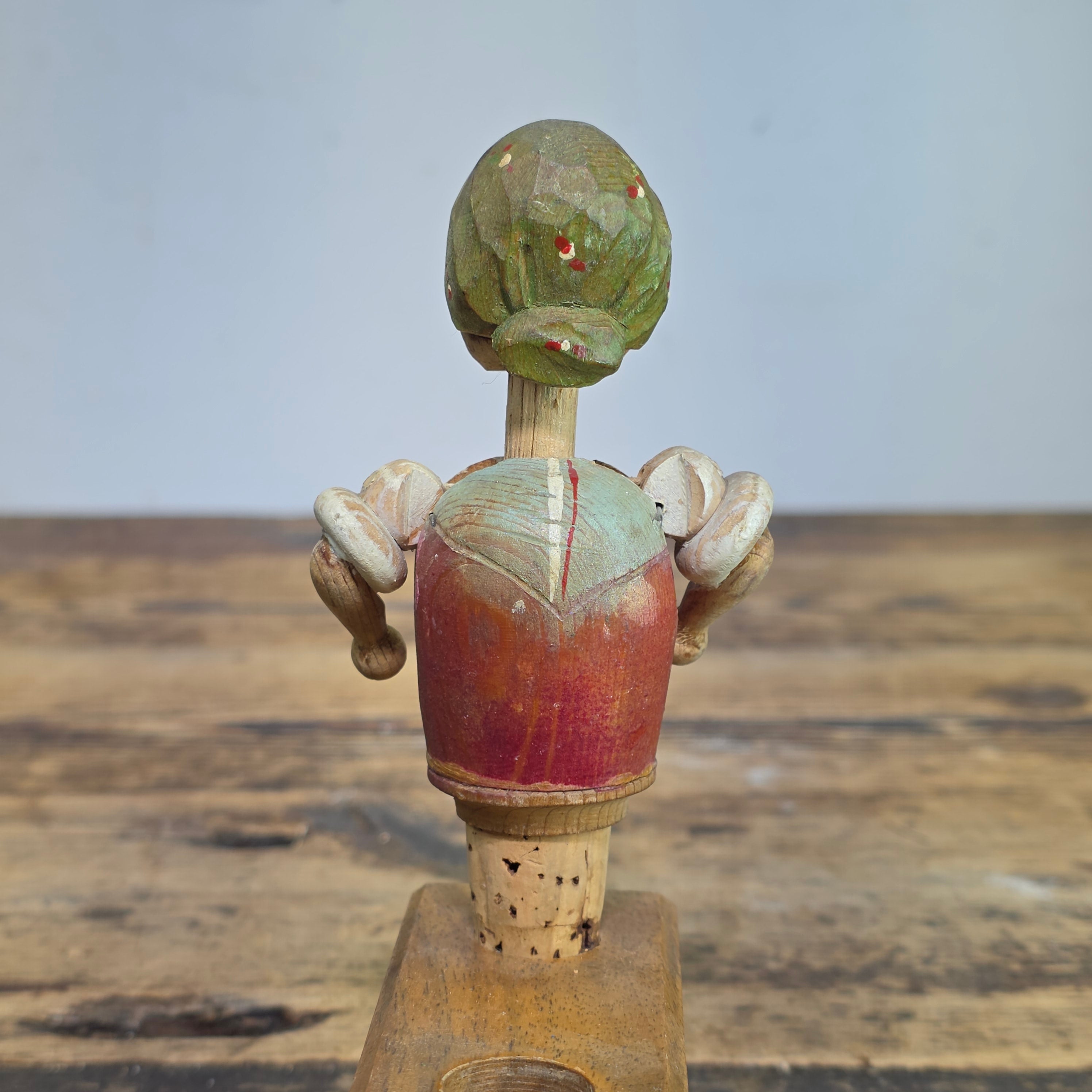 RARE VINTAGE ANRI MECHANICAL BOTTLE STOPPER WOOD CARVED HEAD TWIST ARMS UP ITALY