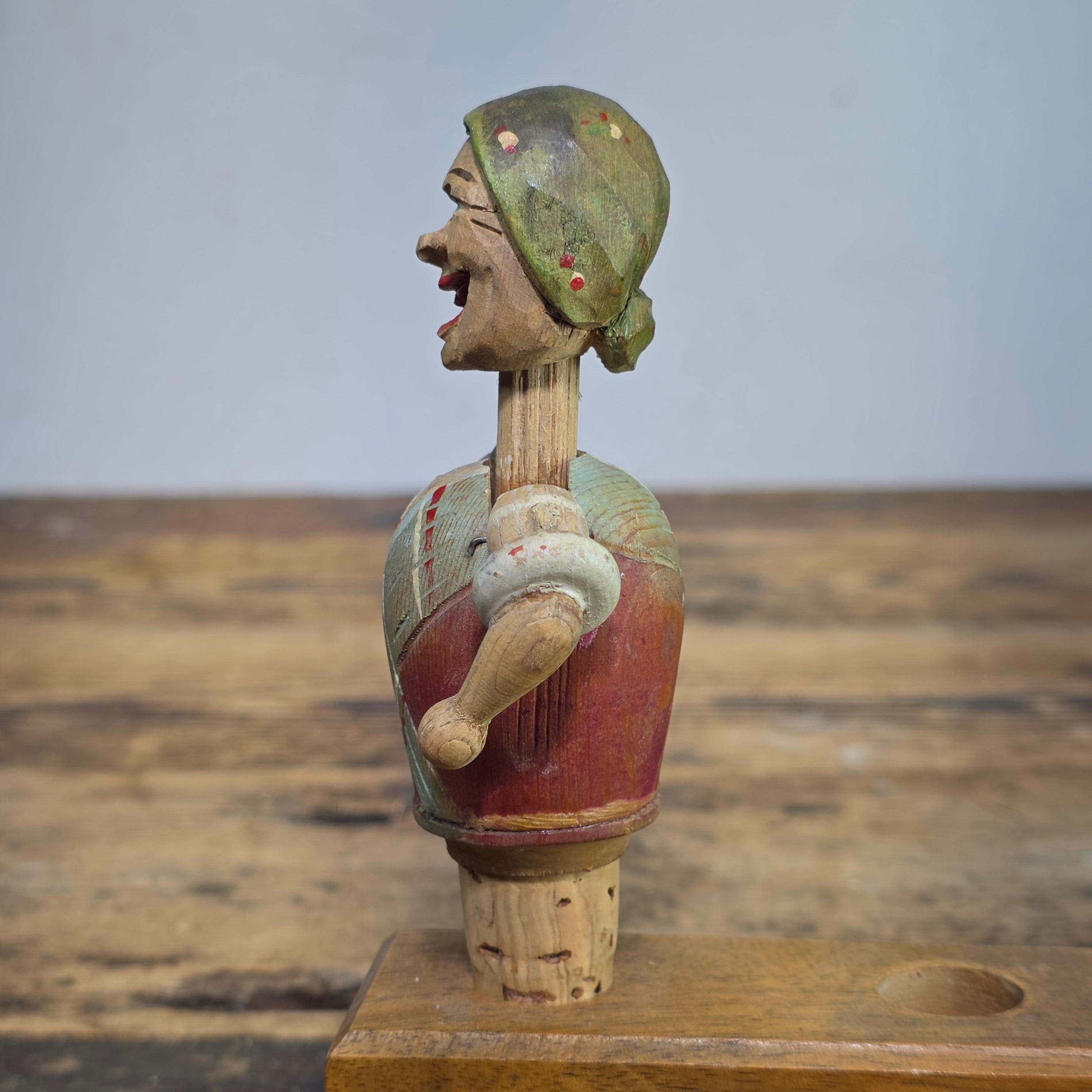 RARE VINTAGE ANRI MECHANICAL BOTTLE STOPPER WOOD CARVED HEAD TWIST ARMS UP ITALY