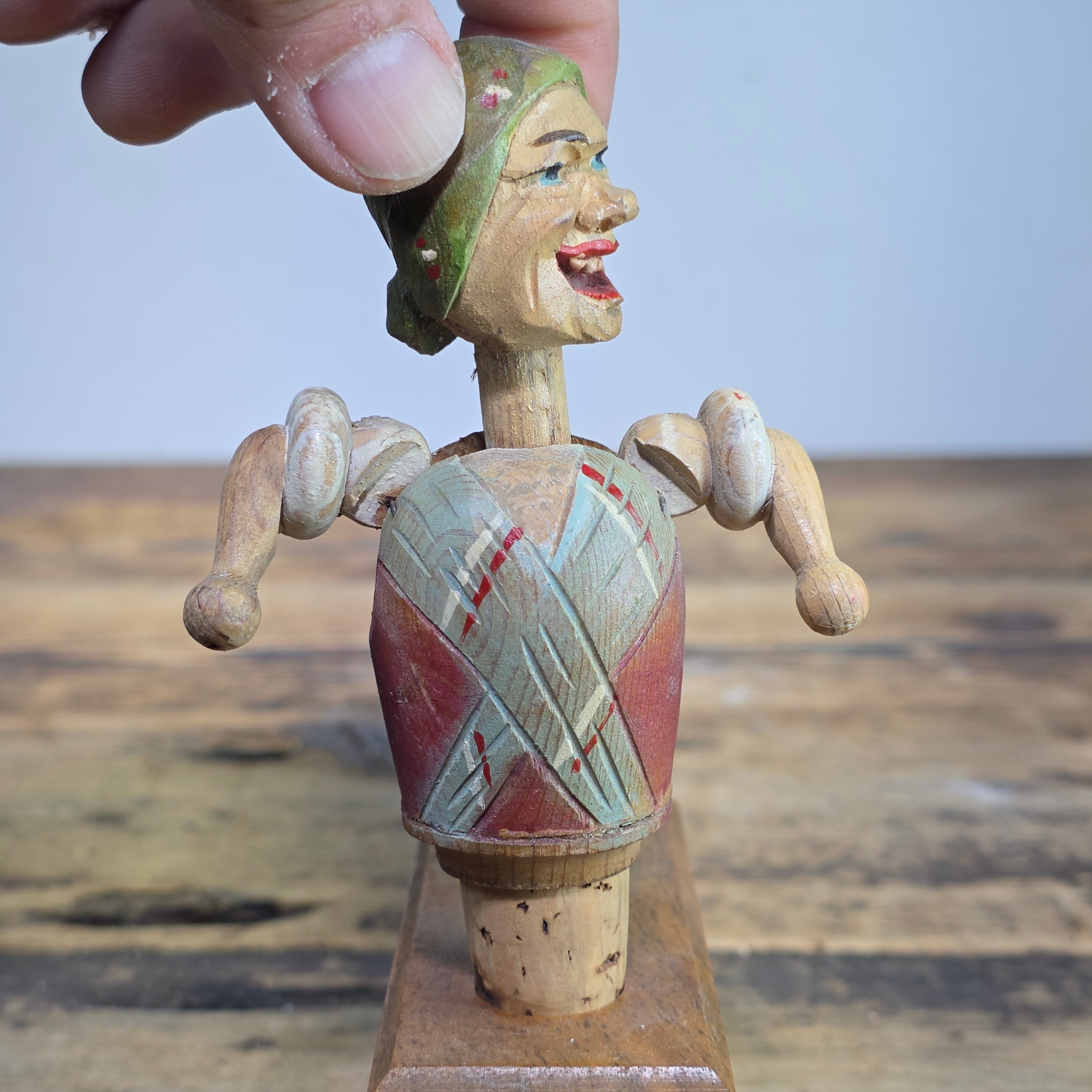 RARE VINTAGE ANRI MECHANICAL BOTTLE STOPPER WOOD CARVED HEAD TWIST ARMS UP ITALY