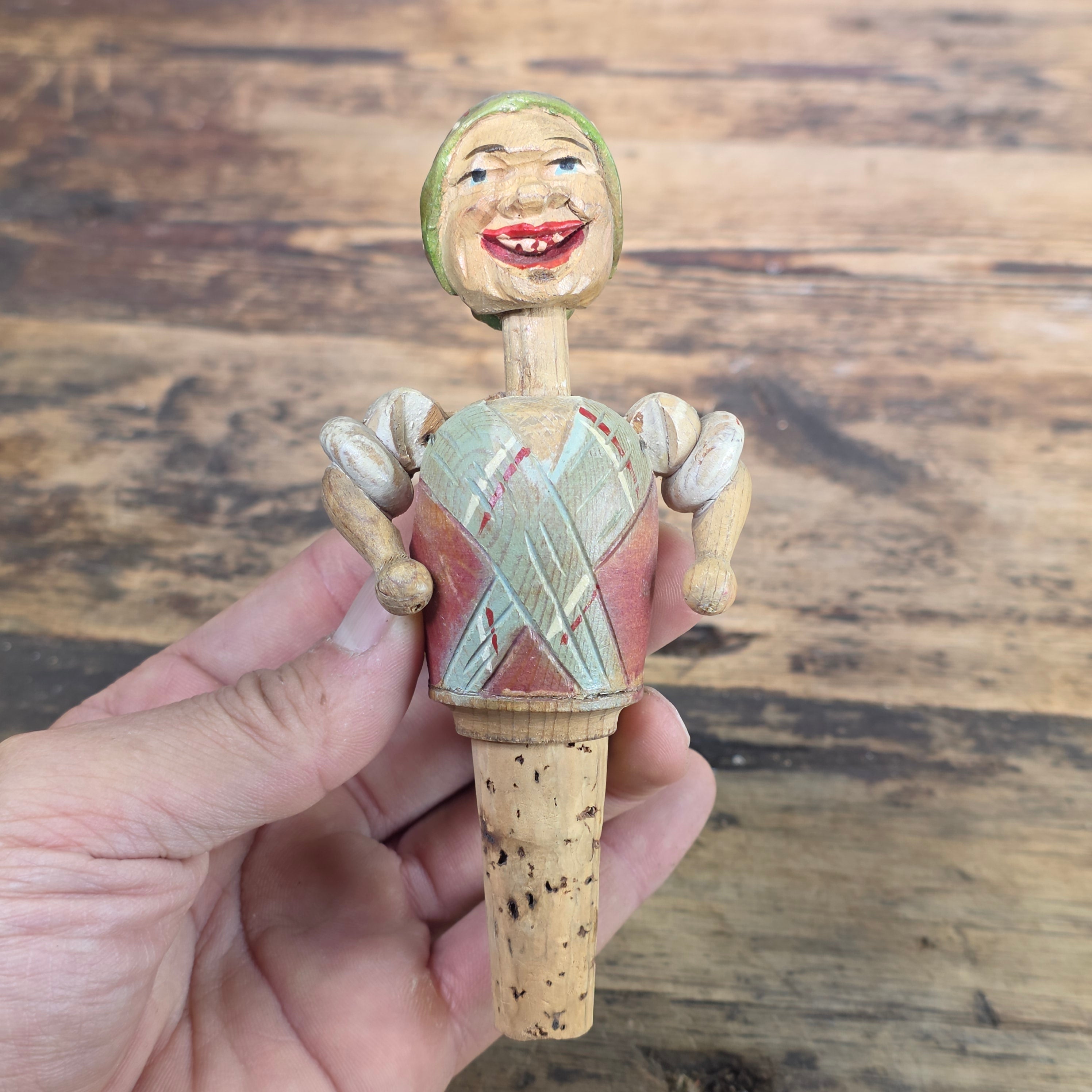 RARE VINTAGE ANRI MECHANICAL BOTTLE STOPPER WOOD CARVED HEAD TWIST ARMS UP ITALY