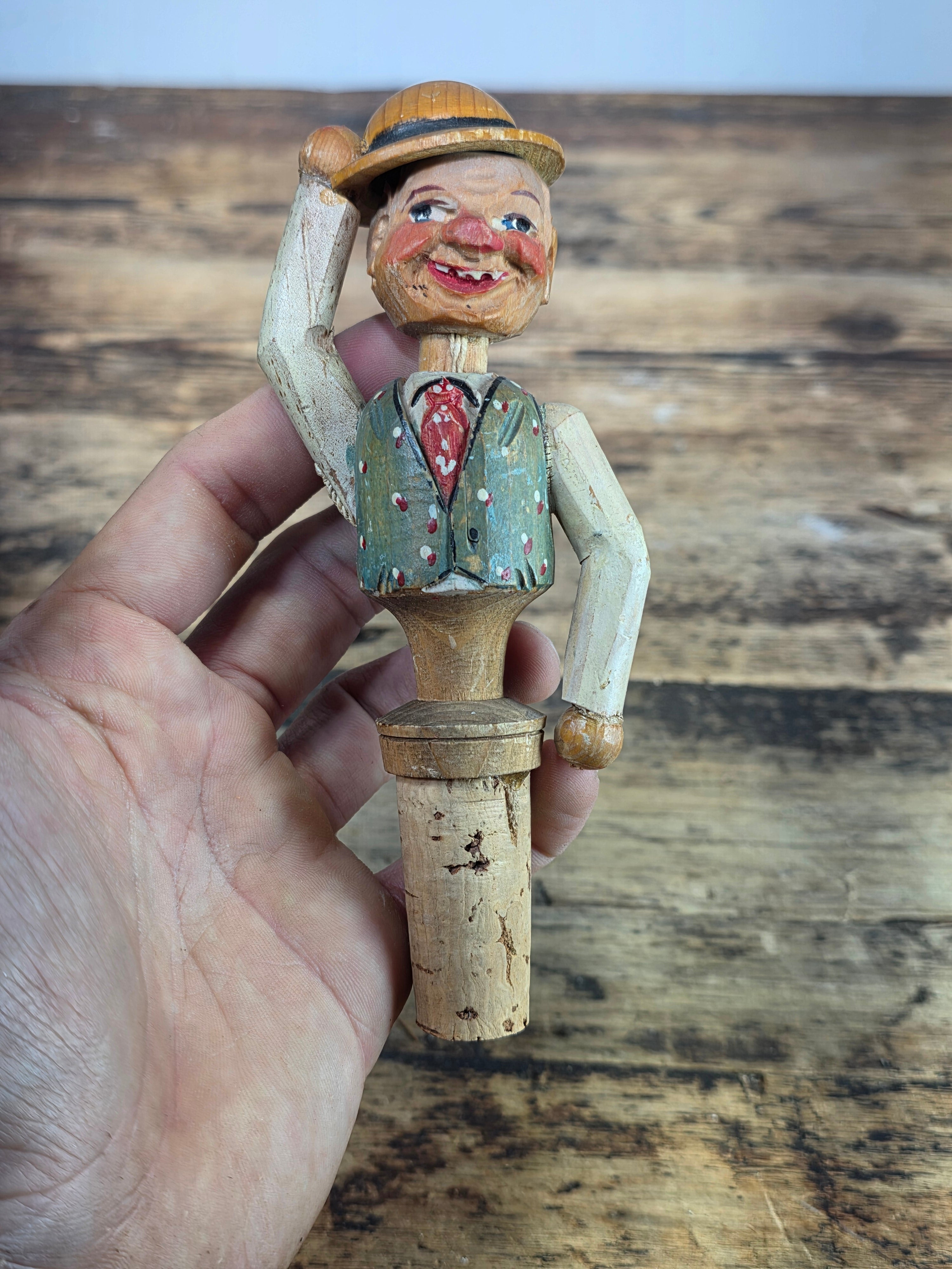 Vintage ANRI Mechanical Bottle Stopper Tipping Hat Bowing Man Wood Carved Italy