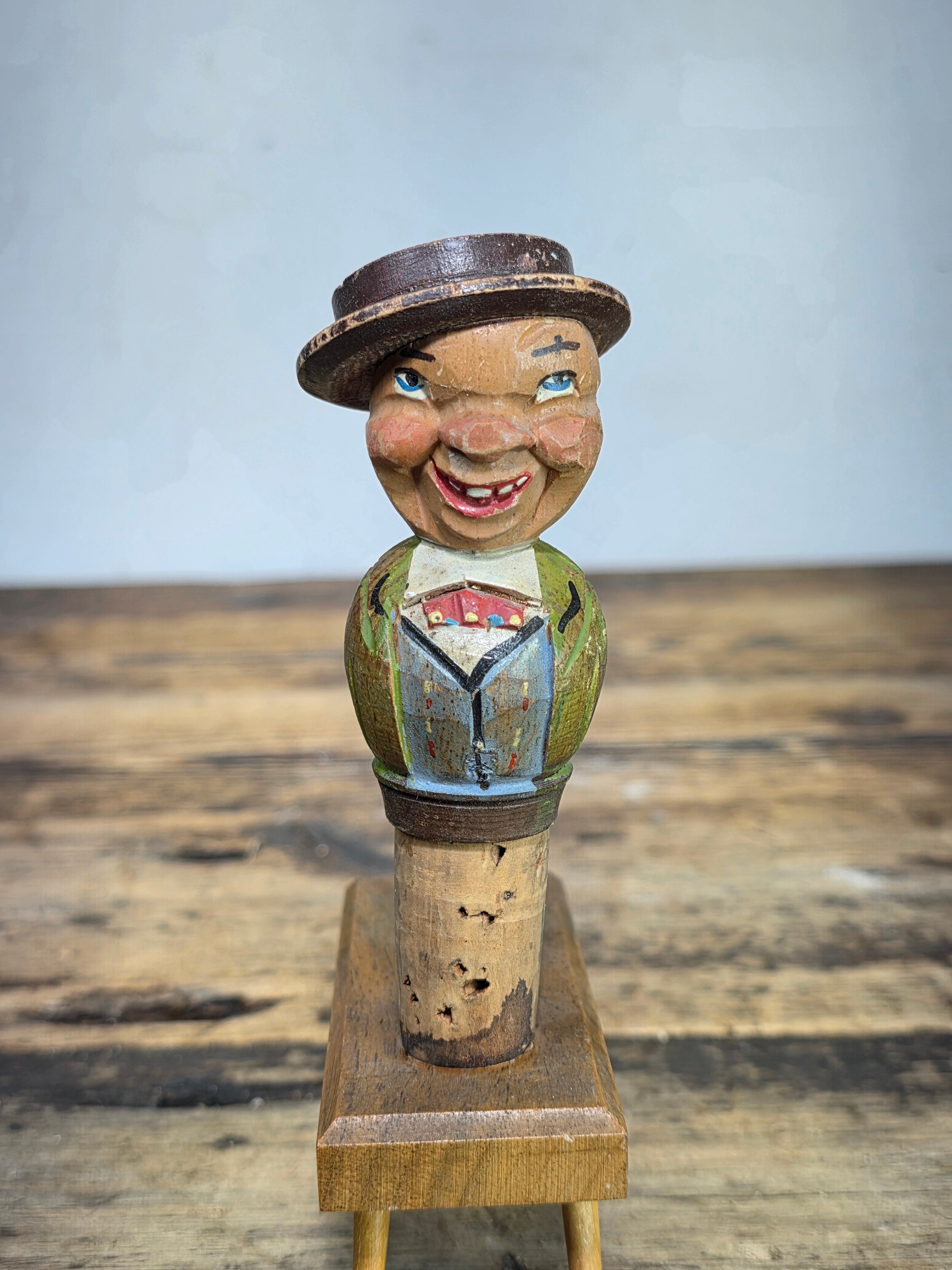 Vintage ANRI Wood Carved Mechanical Bottle Stopper Pop Up Hat Boy Hand Painted
