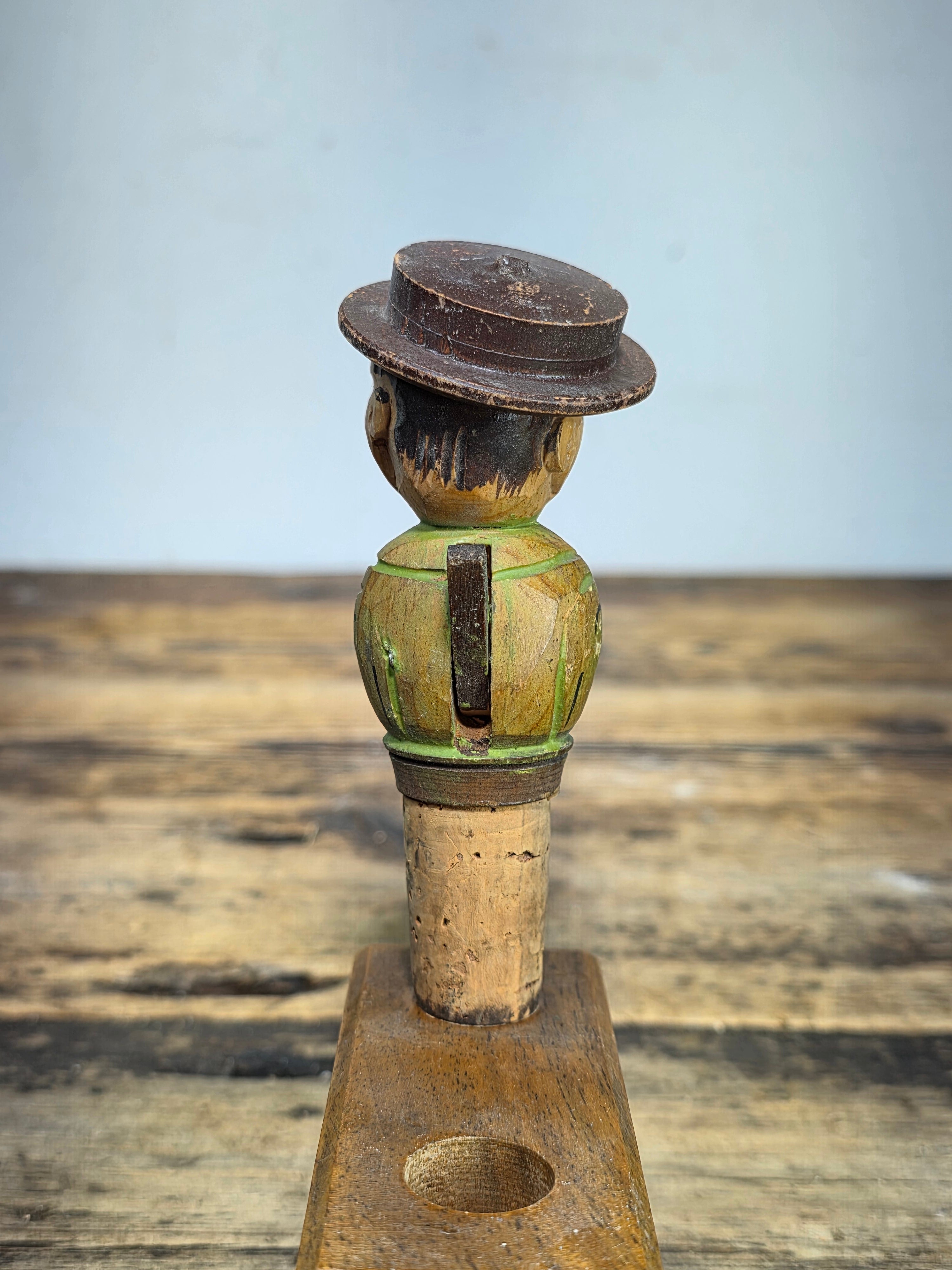 Vintage ANRI Wood Carved Mechanical Bottle Stopper Pop Up Hat Boy Hand Painted