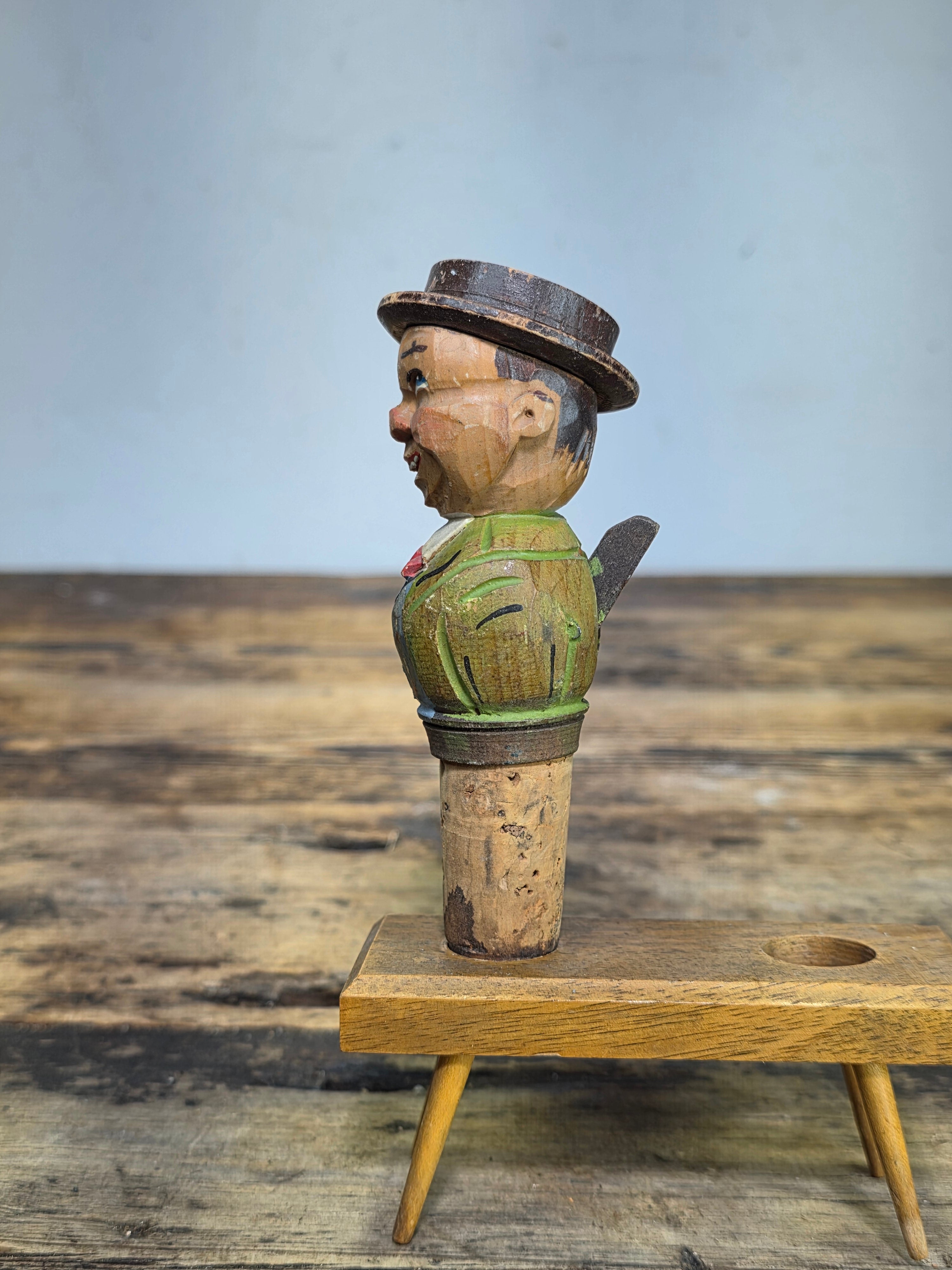 Vintage ANRI Wood Carved Mechanical Bottle Stopper Pop Up Hat Boy Hand Painted