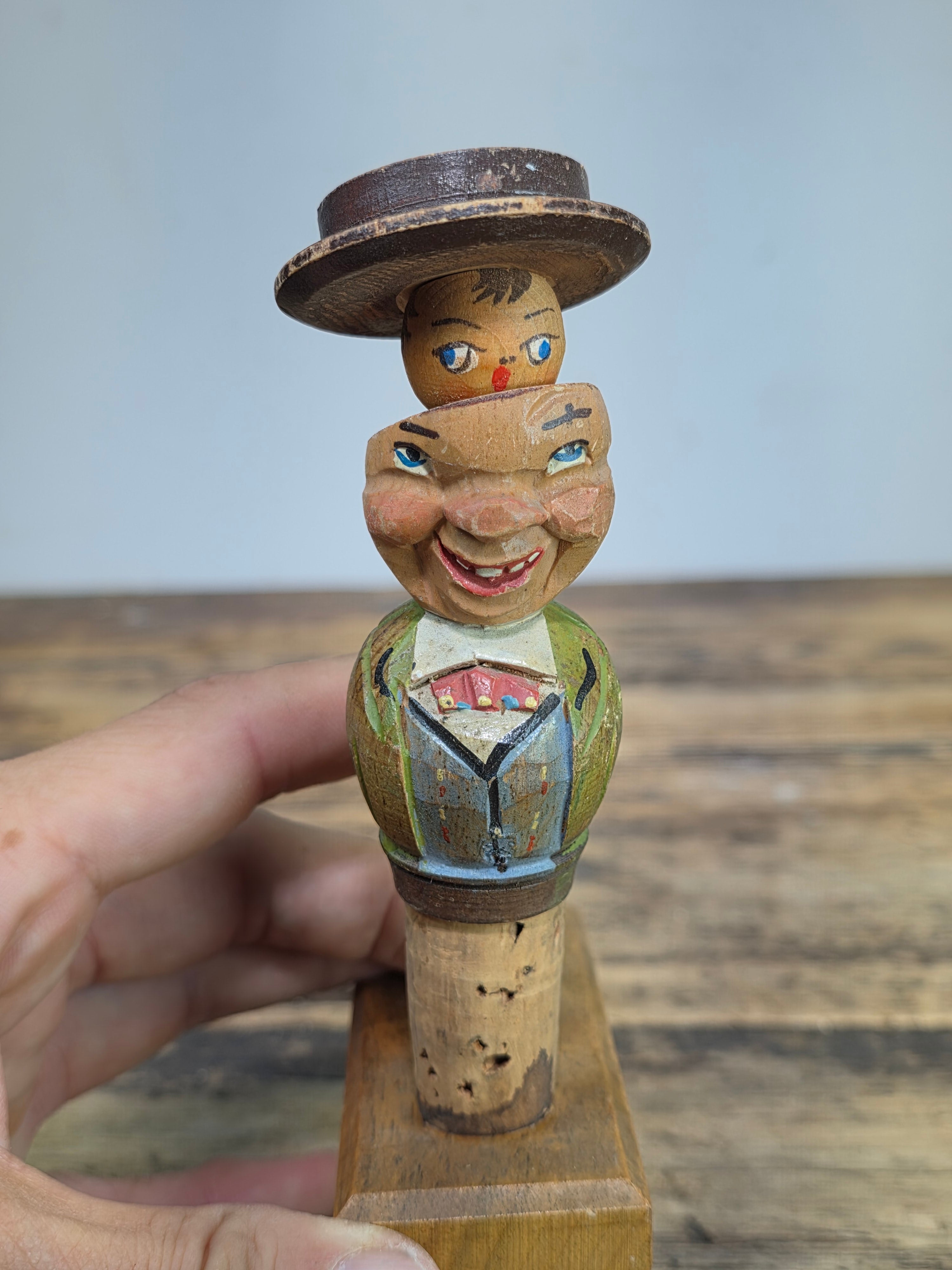 Vintage ANRI Wood Carved Mechanical Bottle Stopper Pop Up Hat Boy Hand Painted