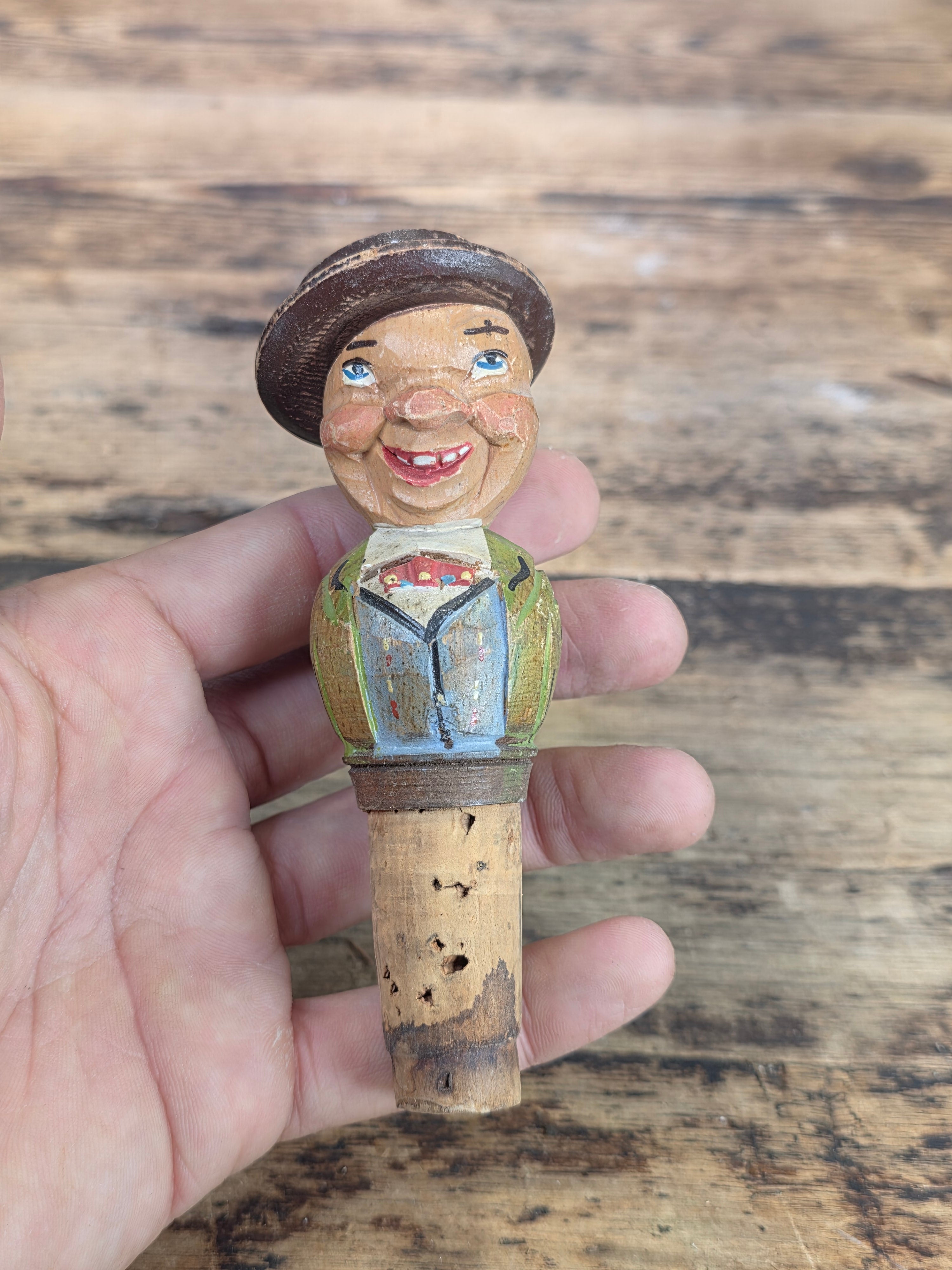 Vintage ANRI Wood Carved Mechanical Bottle Stopper Pop Up Hat Boy Hand Painted