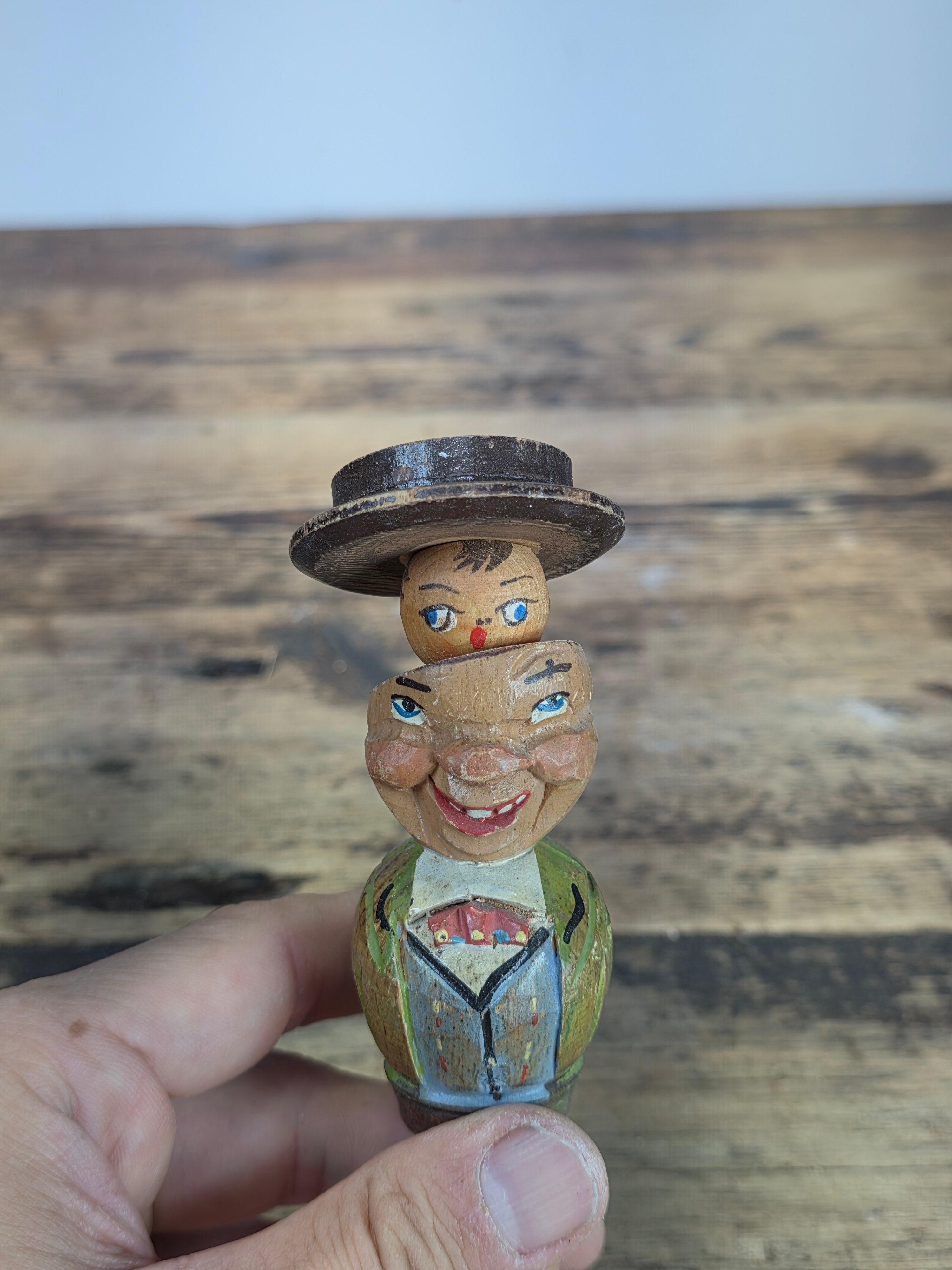Vintage ANRI Wood Carved Mechanical Bottle Stopper Pop Up Hat Boy Hand Painted