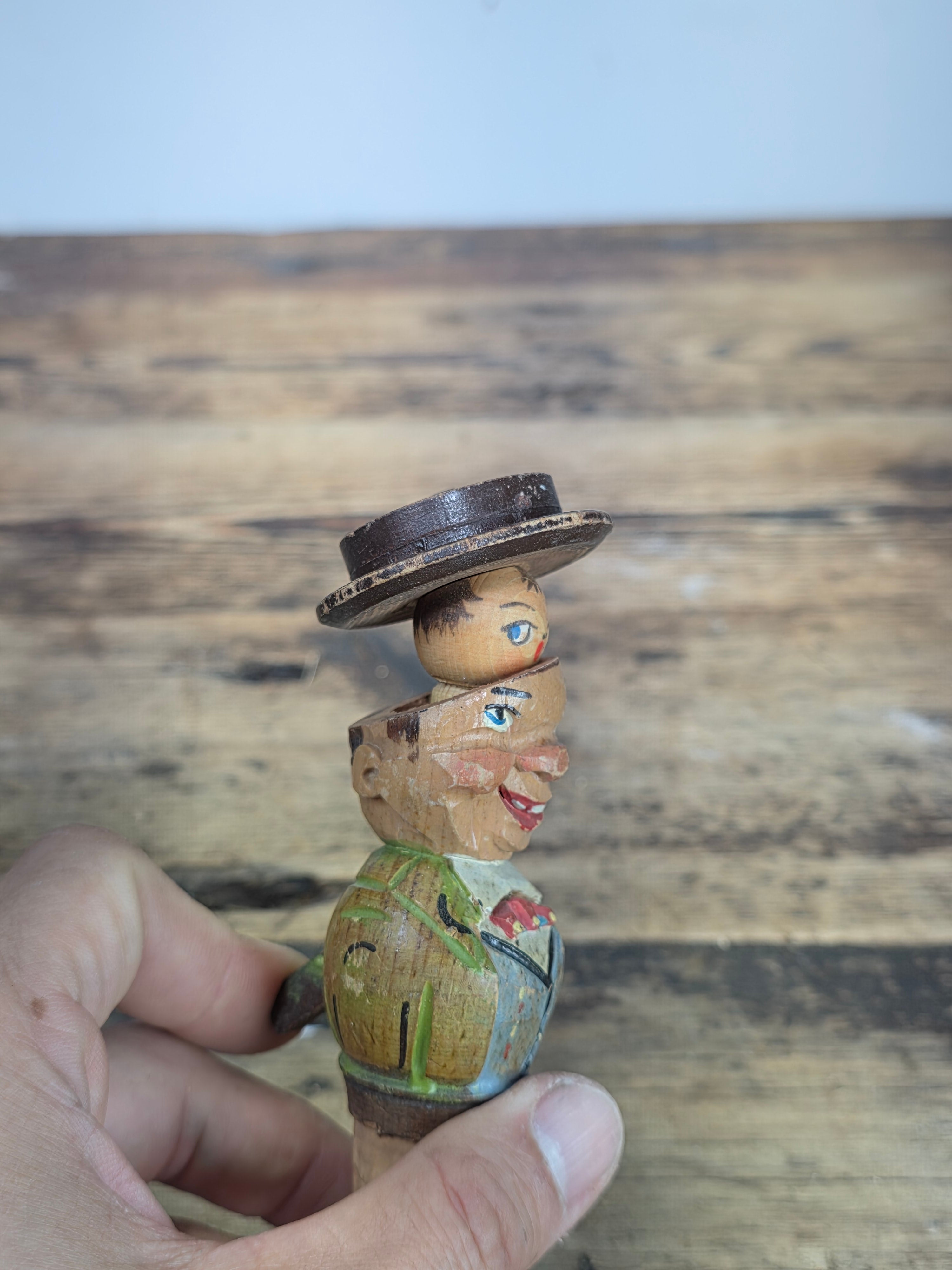Vintage ANRI Wood Carved Mechanical Bottle Stopper Pop Up Hat Boy Hand Painted