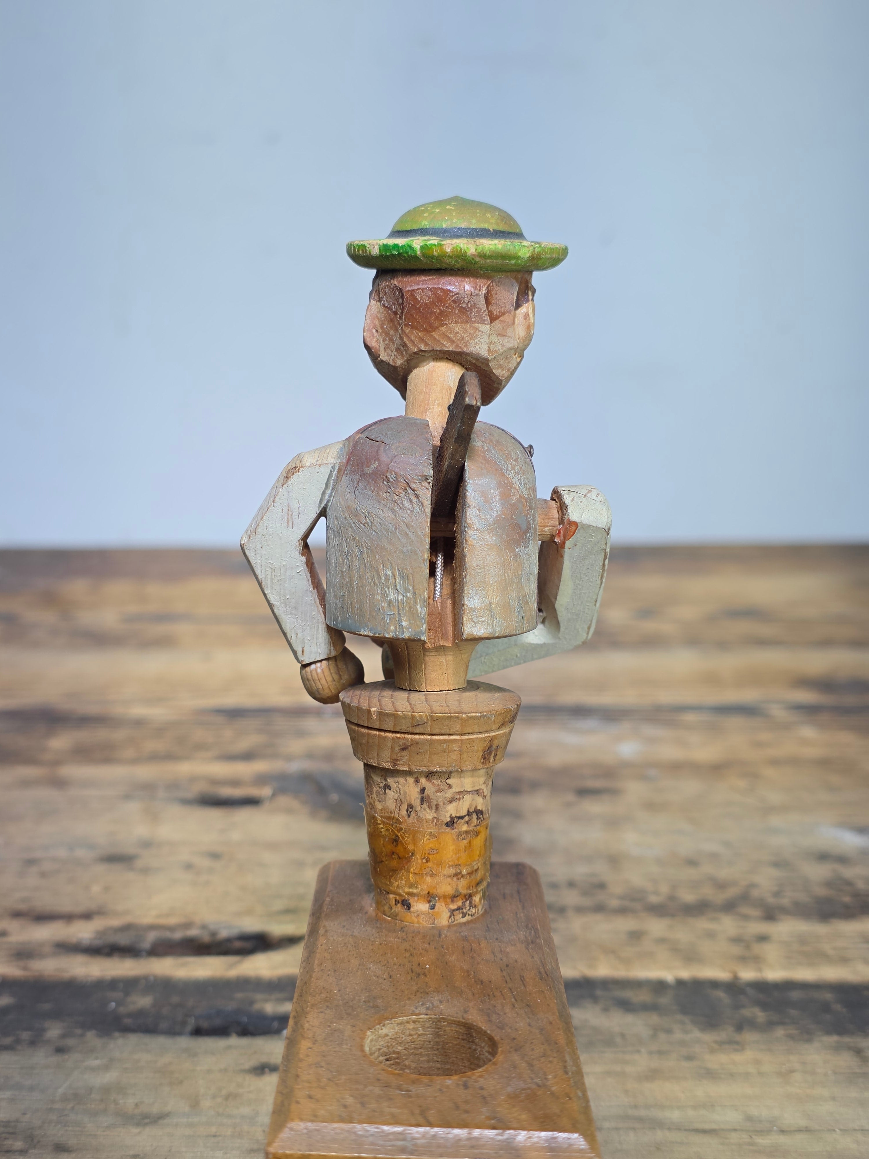 Vintage ANRI Wood Carved Mechanical Bottle Stopper Pop Up Drinking Man