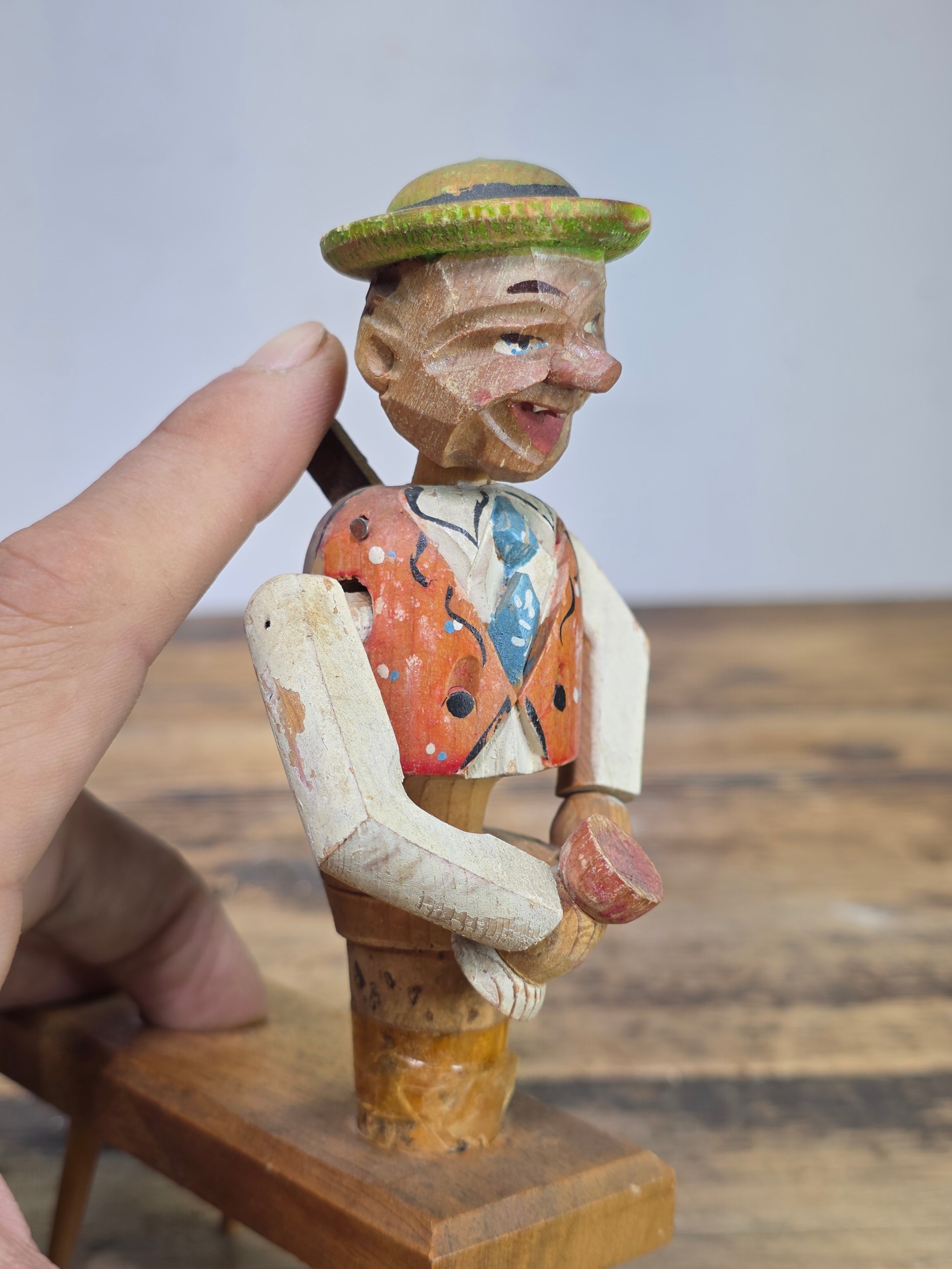 Vintage ANRI Wood Carved Mechanical Bottle Stopper Pop Up Drinking Man