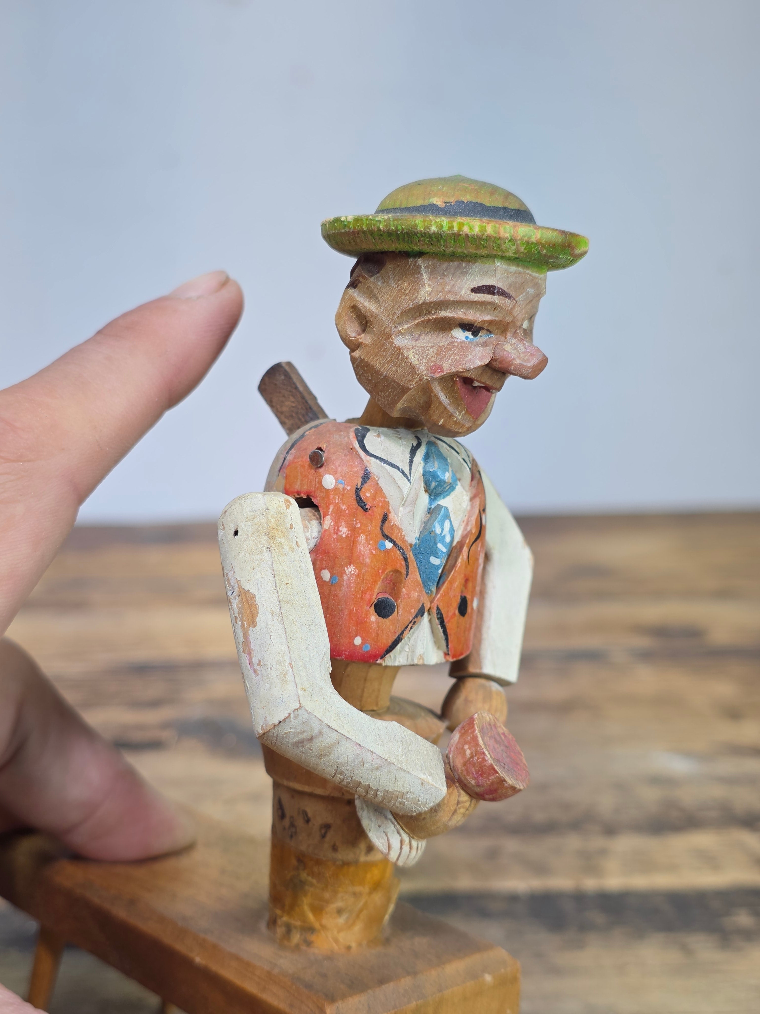 Vintage ANRI Wood Carved Mechanical Bottle Stopper Pop Up Drinking Man
