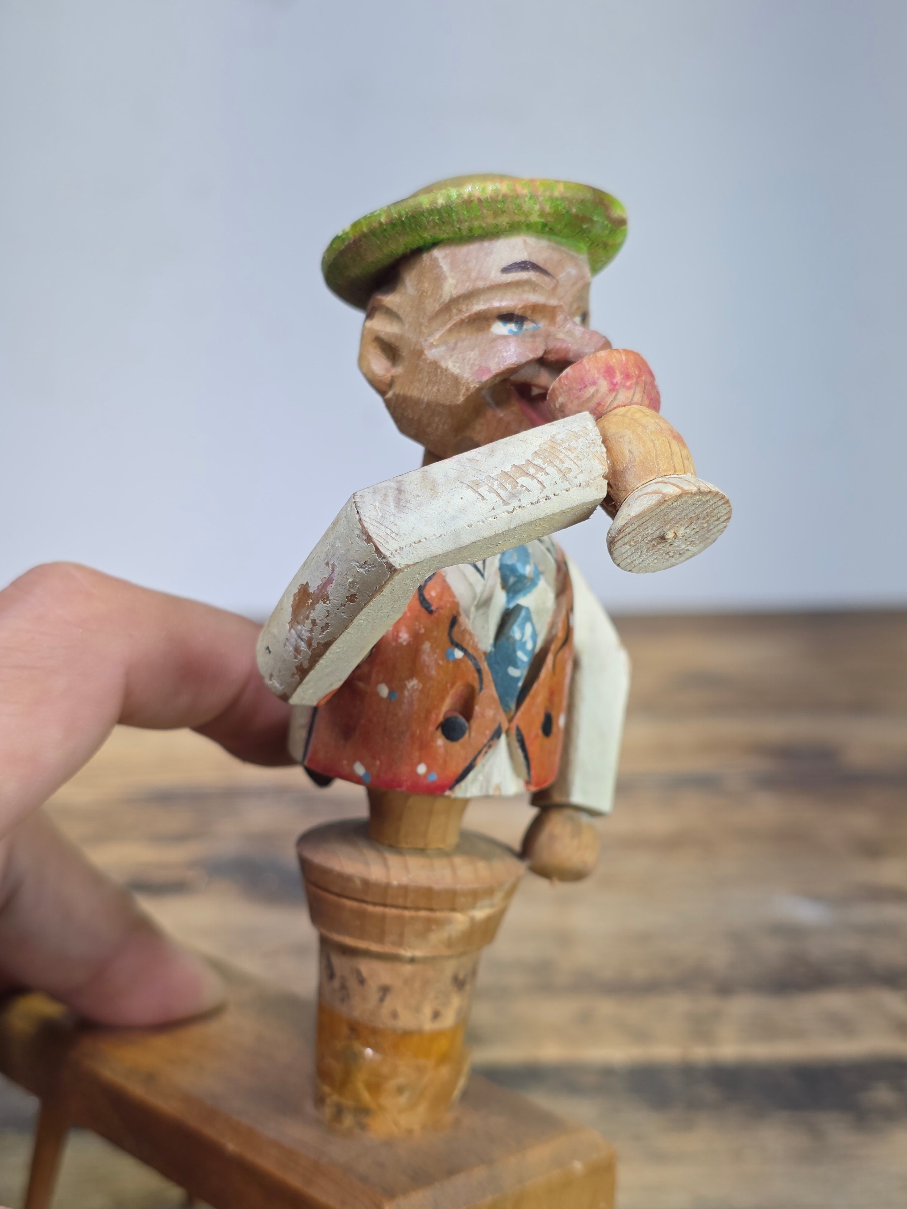 Vintage ANRI Wood Carved Mechanical Bottle Stopper Pop Up Drinking Man