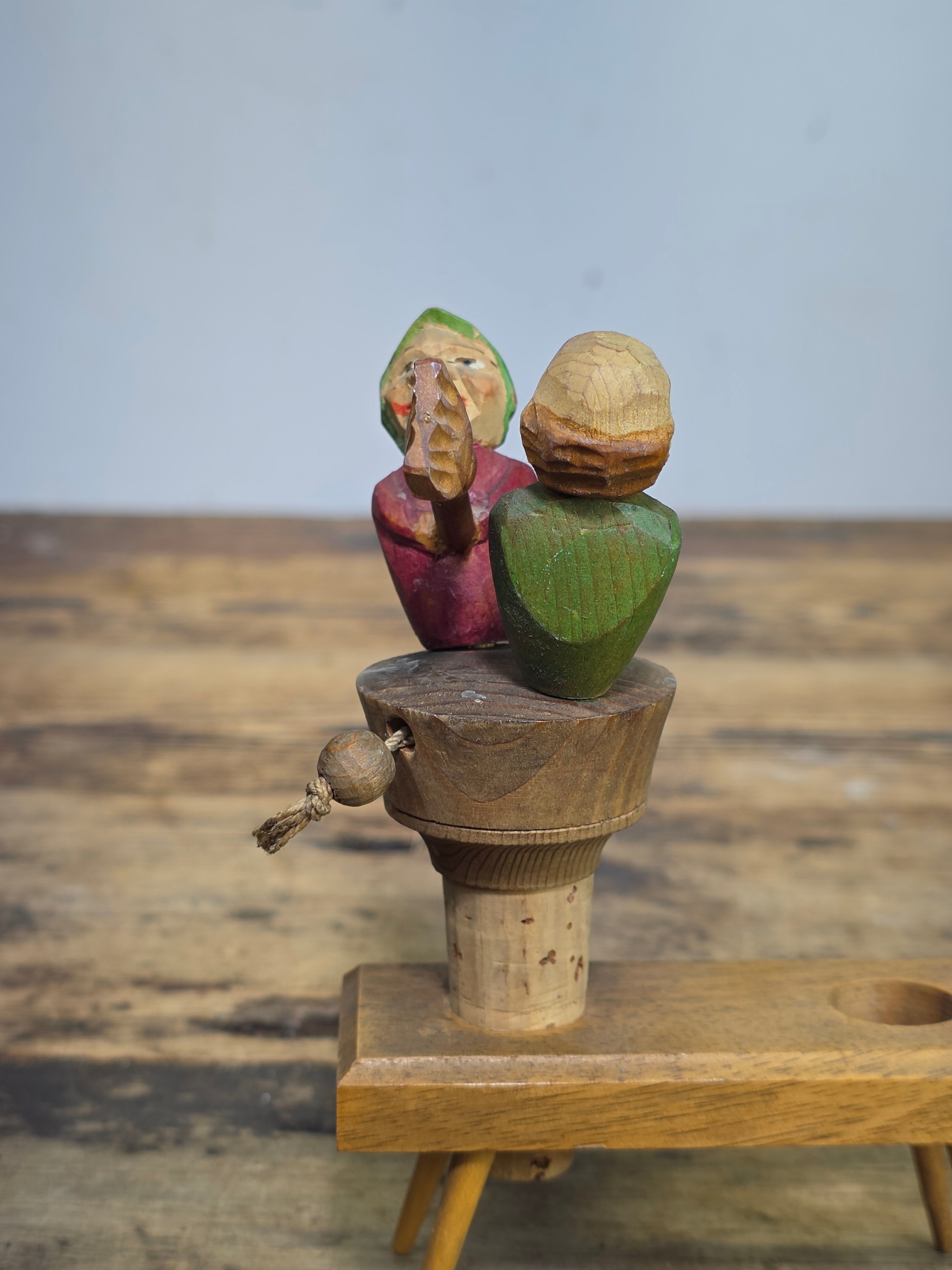Vintage ANRI Wood Carved Mechanical Bottle Stopper Fighting Couple Brooms
