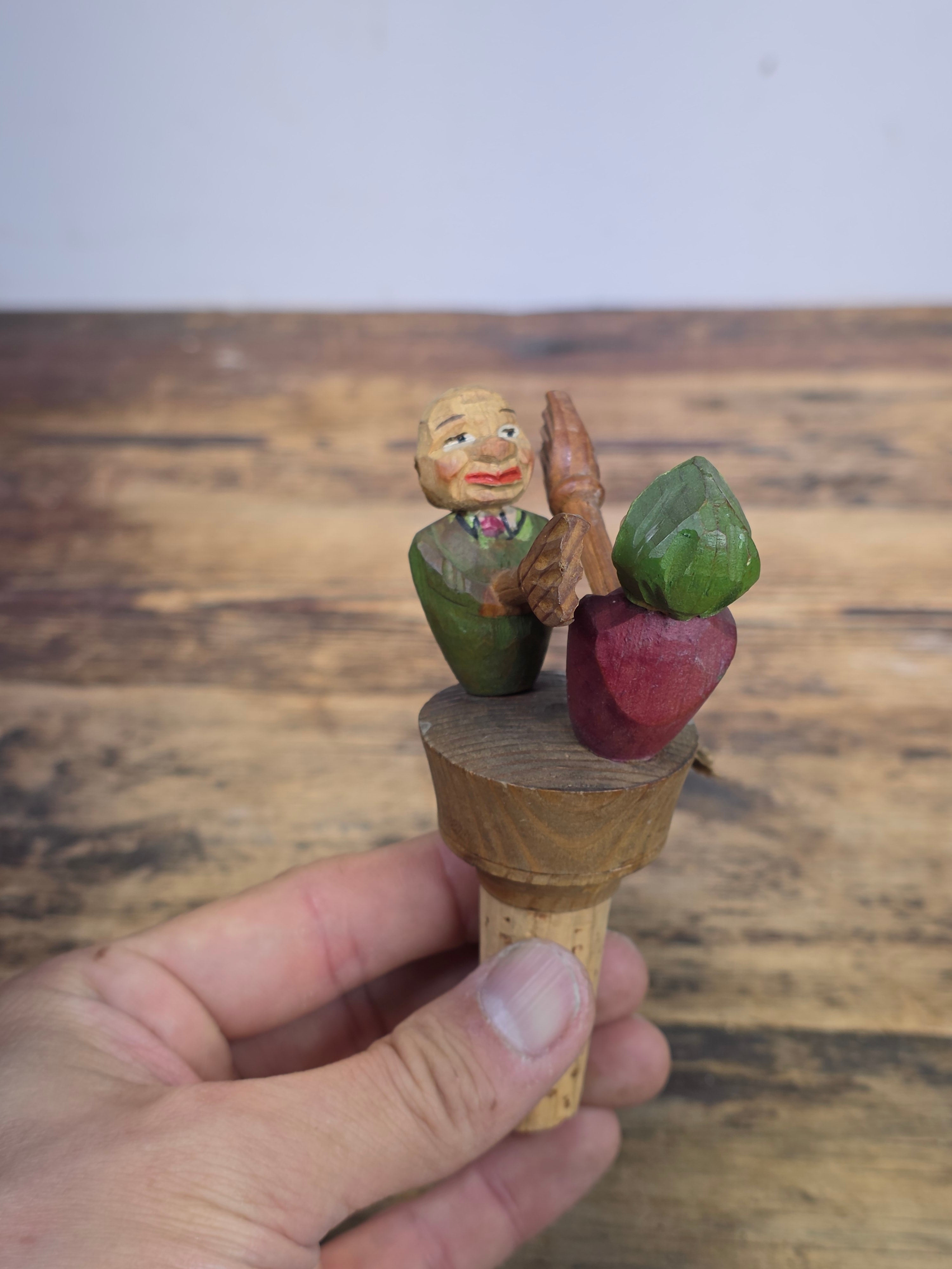 Vintage ANRI Wood Carved Mechanical Bottle Stopper Fighting Couple Brooms