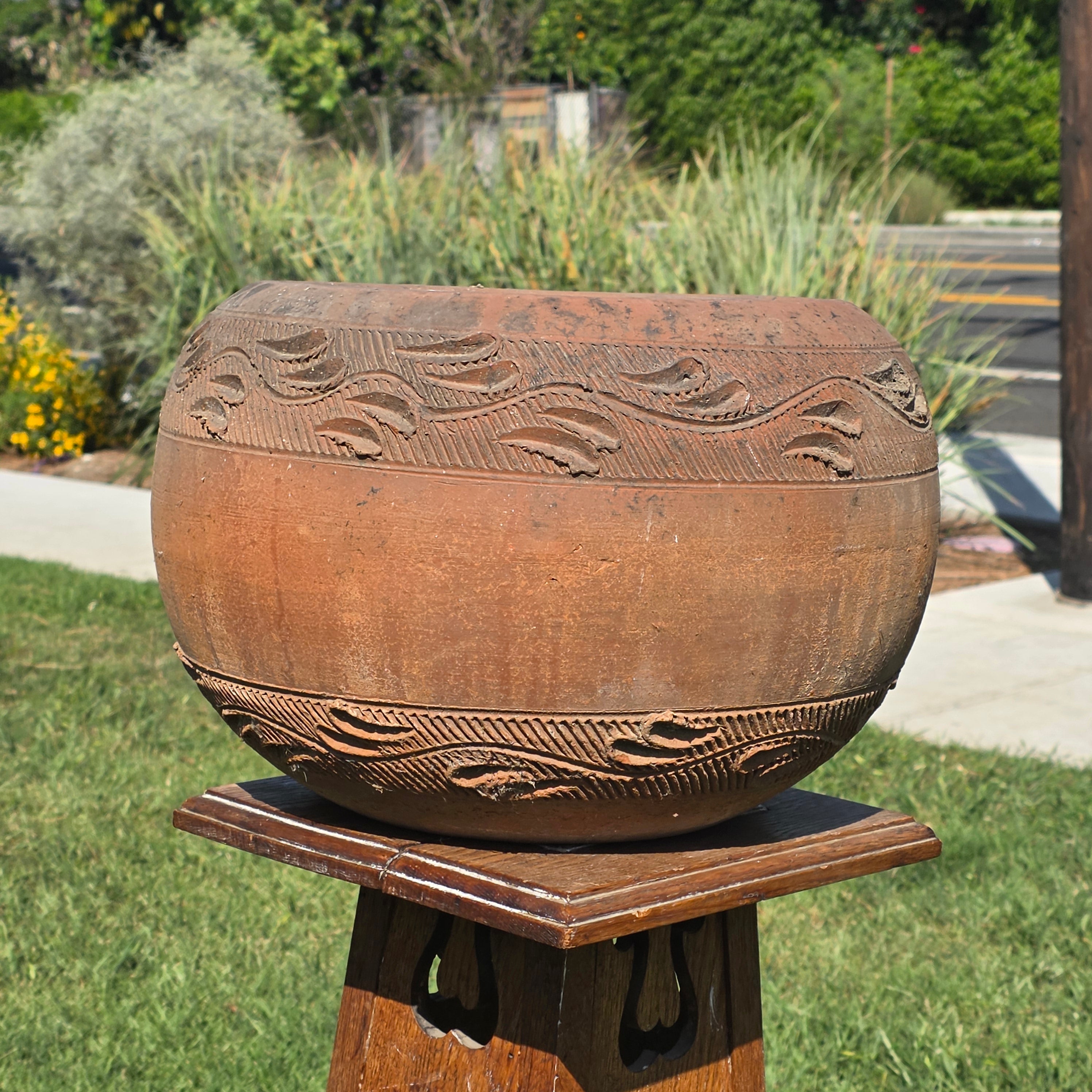 Vintage Mexican Terracotta Planter Large 15" Hand Painted Leaf Clay Pot Garden