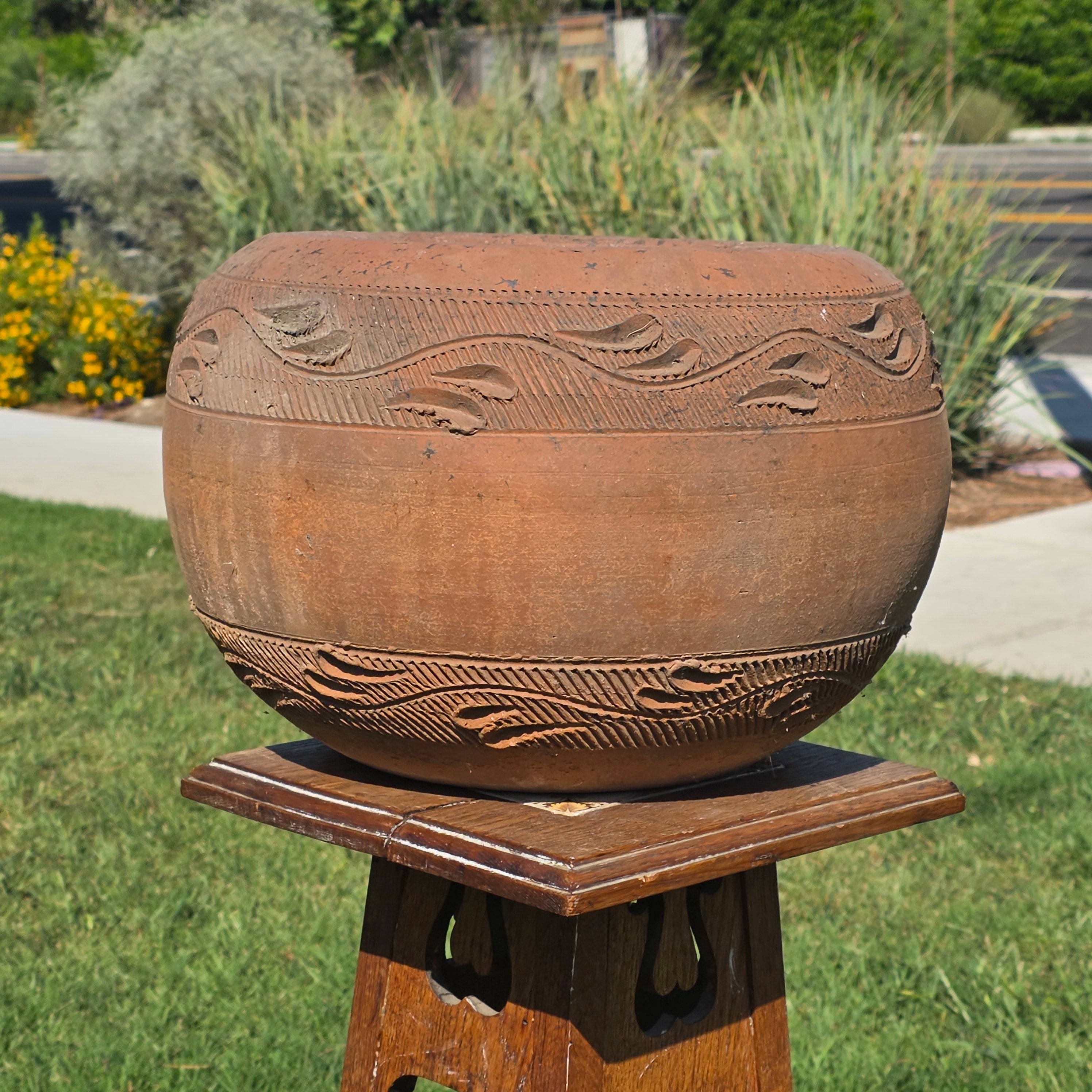 Vintage Mexican Terracotta Planter Large 15" Hand Painted Leaf Clay Pot Garden