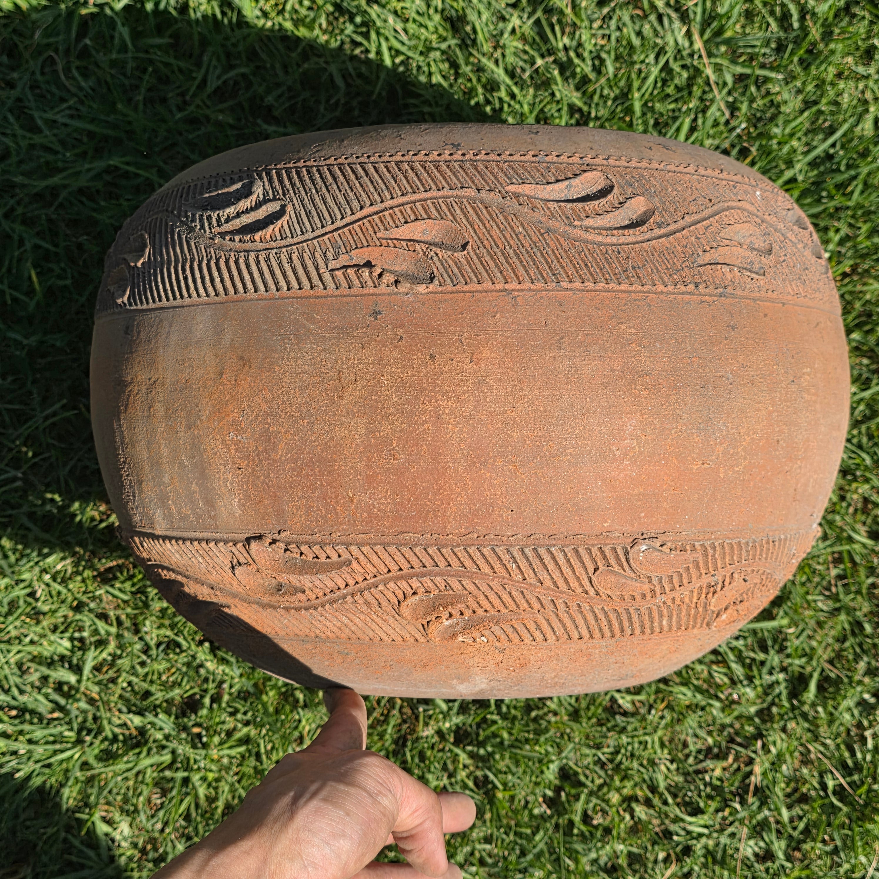 Vintage Mexican Terracotta Planter Large 15" Hand Painted Leaf Clay Pot Garden