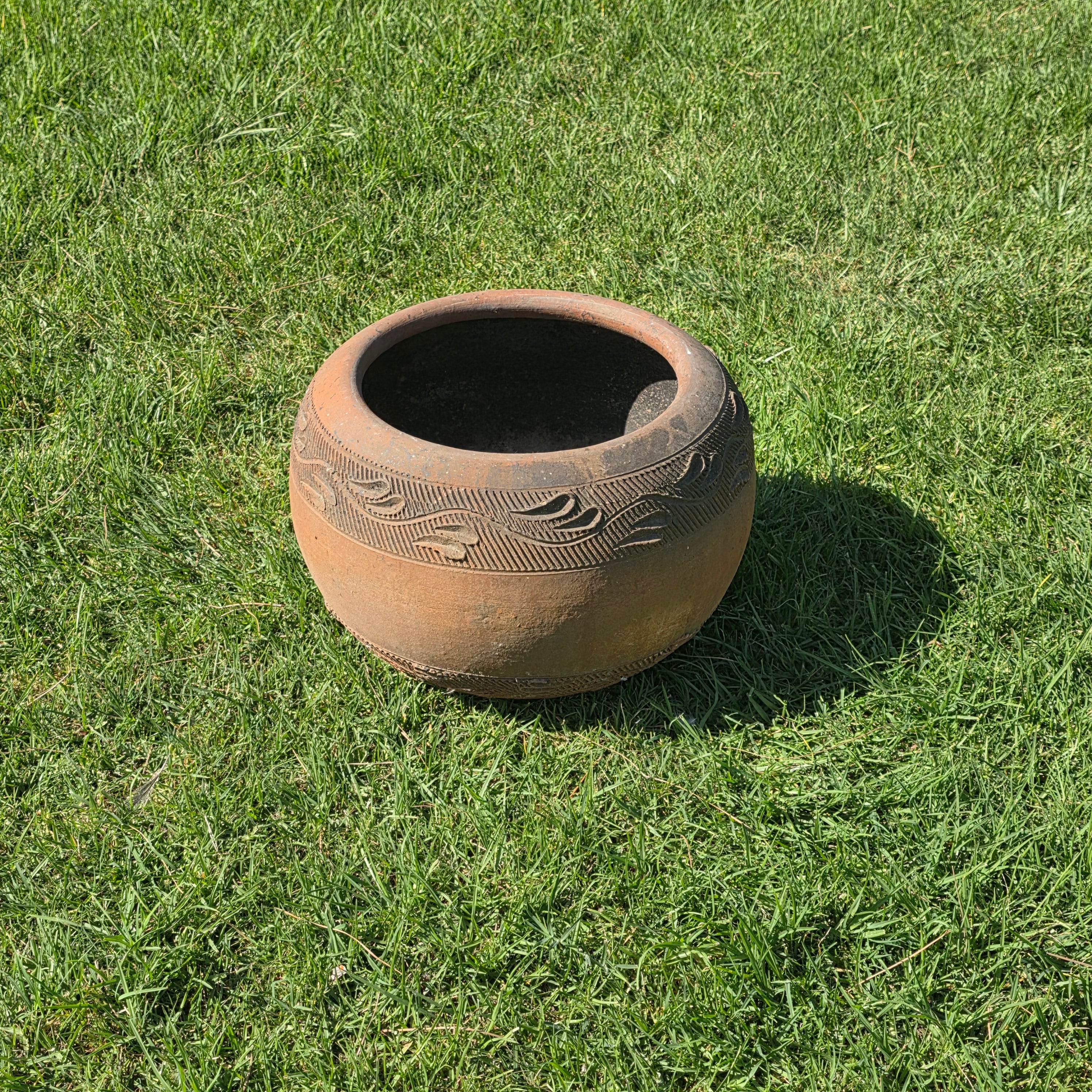 Vintage Mexican Terracotta Planter Large 15" Hand Painted Leaf Clay Pot Garden