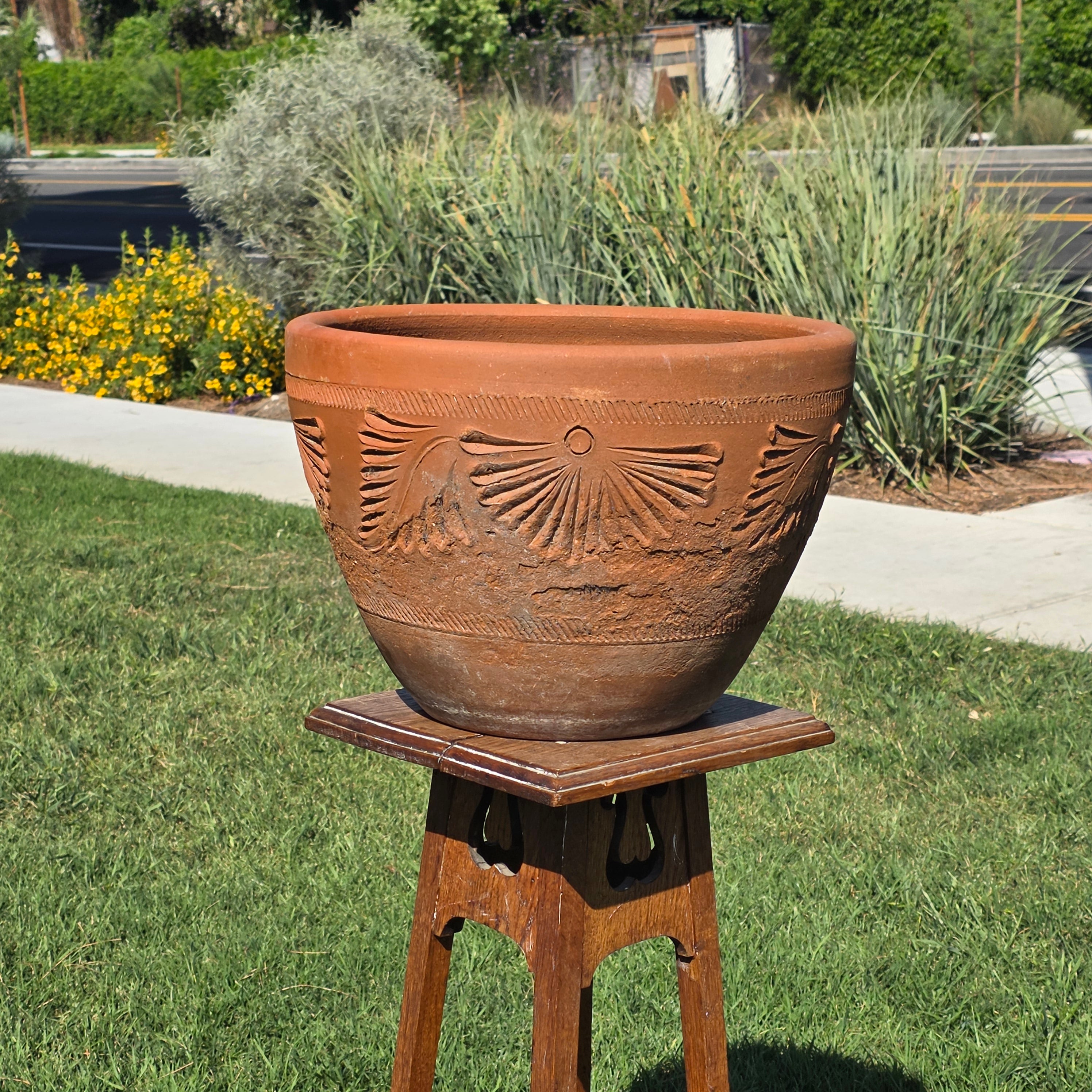 Vintage Mexican Terracotta Planter Large 16" Sunburst Aztec Clay Pot Garden Urn
