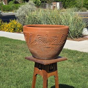 Vintage Mexican Terracotta Planter Large 16" Sunburst Aztec Clay Pot Garden Urn