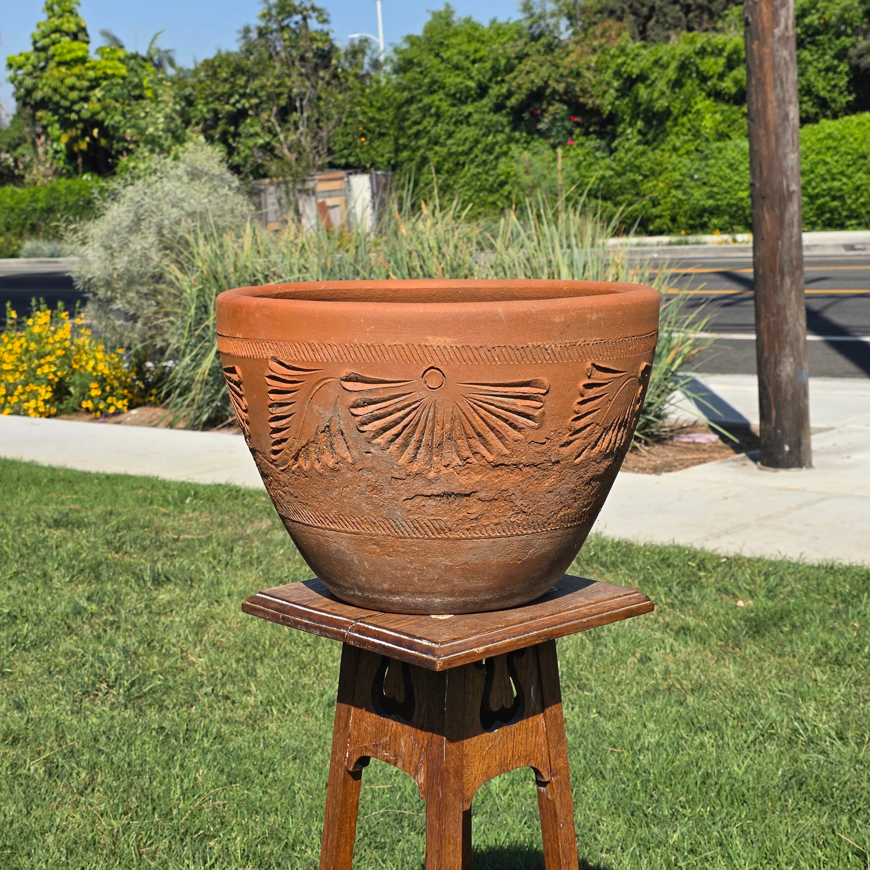Vintage Mexican Terracotta Planter Large 16" Sunburst Aztec Clay Pot Garden Urn