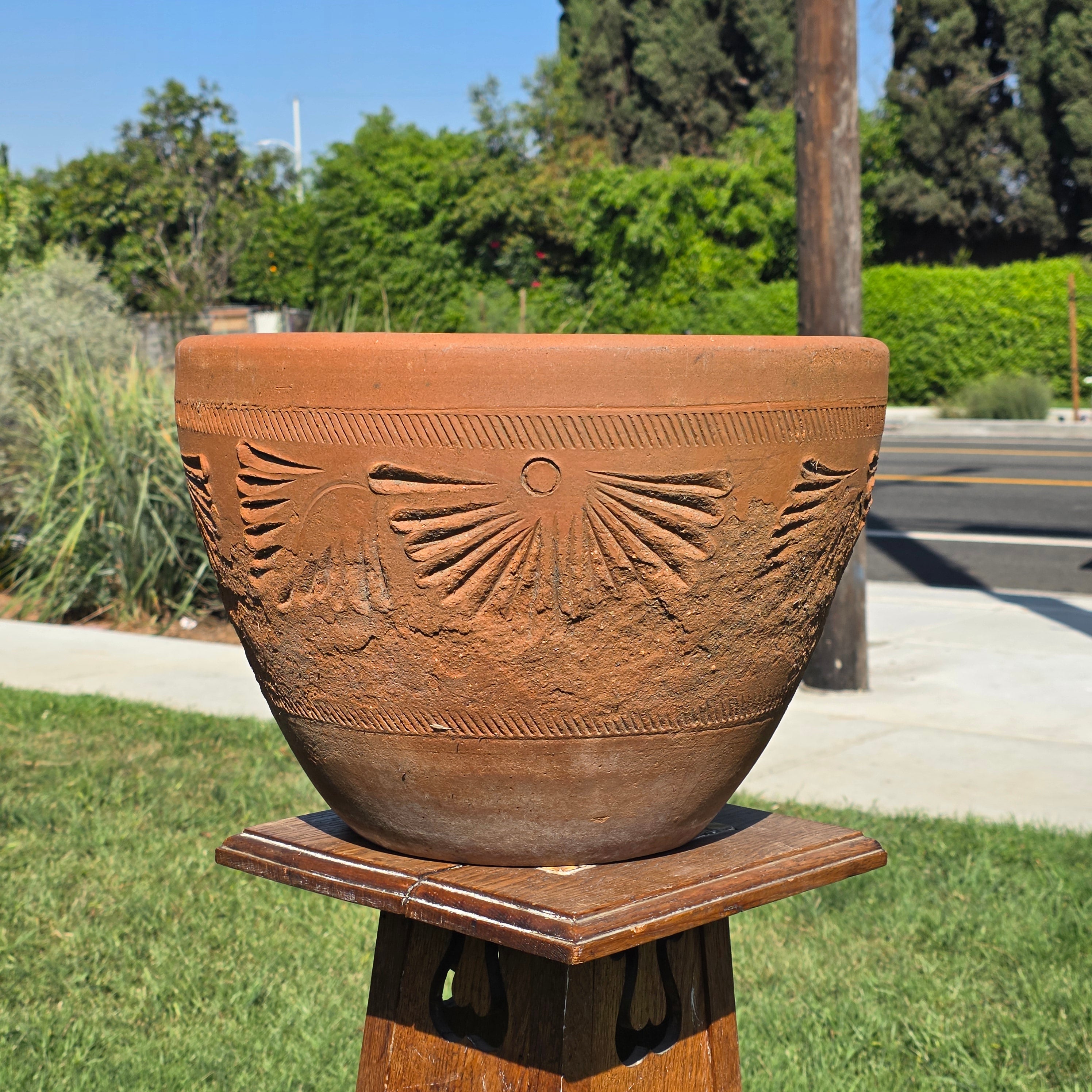 Vintage Mexican Terracotta Planter Large 16" Sunburst Aztec Clay Pot Garden Urn