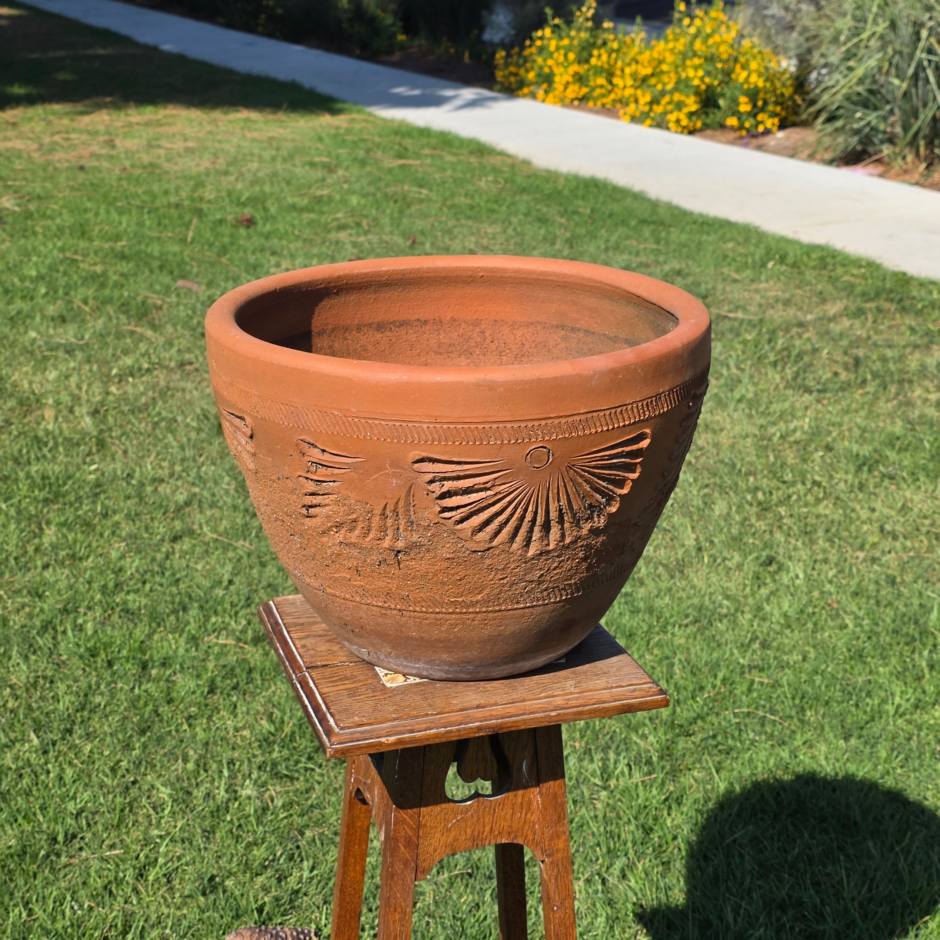 Vintage Mexican Terracotta Planter Large 16" Sunburst Aztec Clay Pot Garden Urn