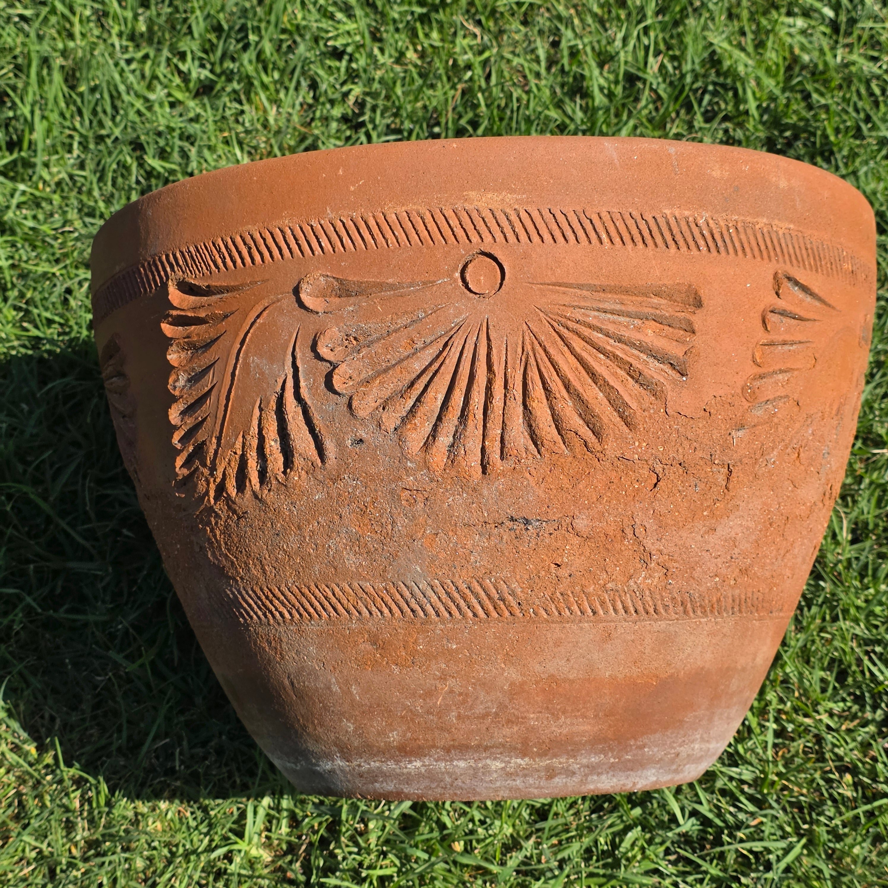 Vintage Mexican Terracotta Planter Large 16" Sunburst Aztec Clay Pot Garden Urn