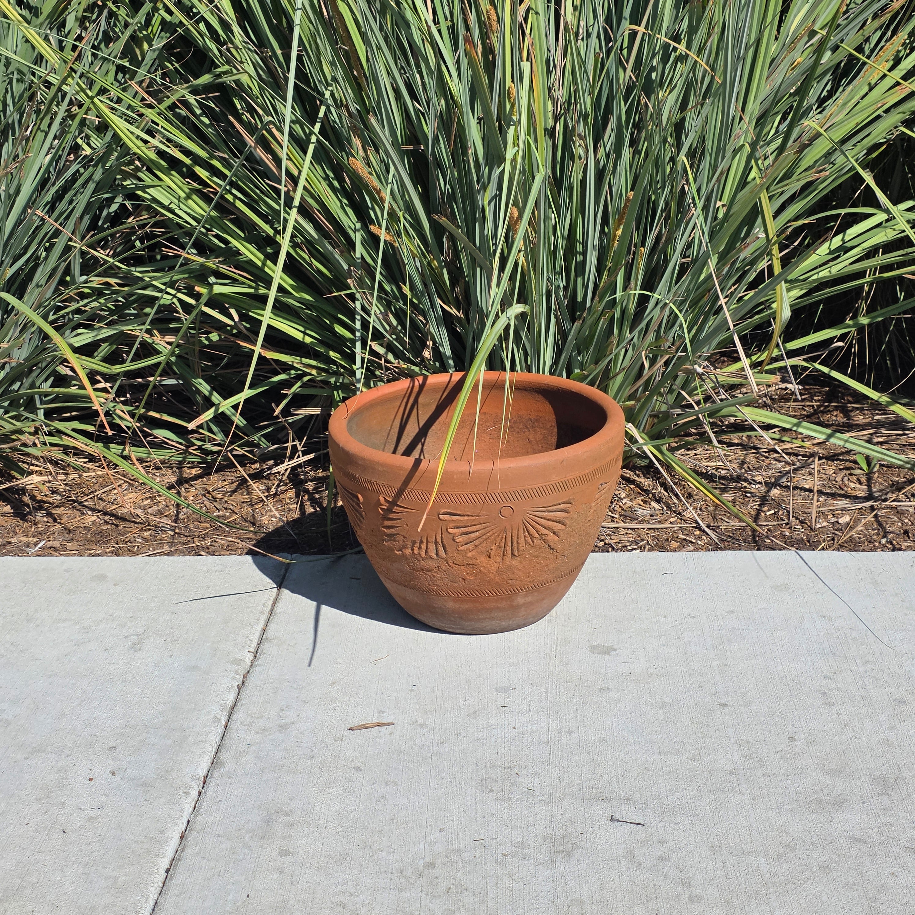 Vintage Mexican Terracotta Planter Large 16" Sunburst Aztec Clay Pot Garden Urn