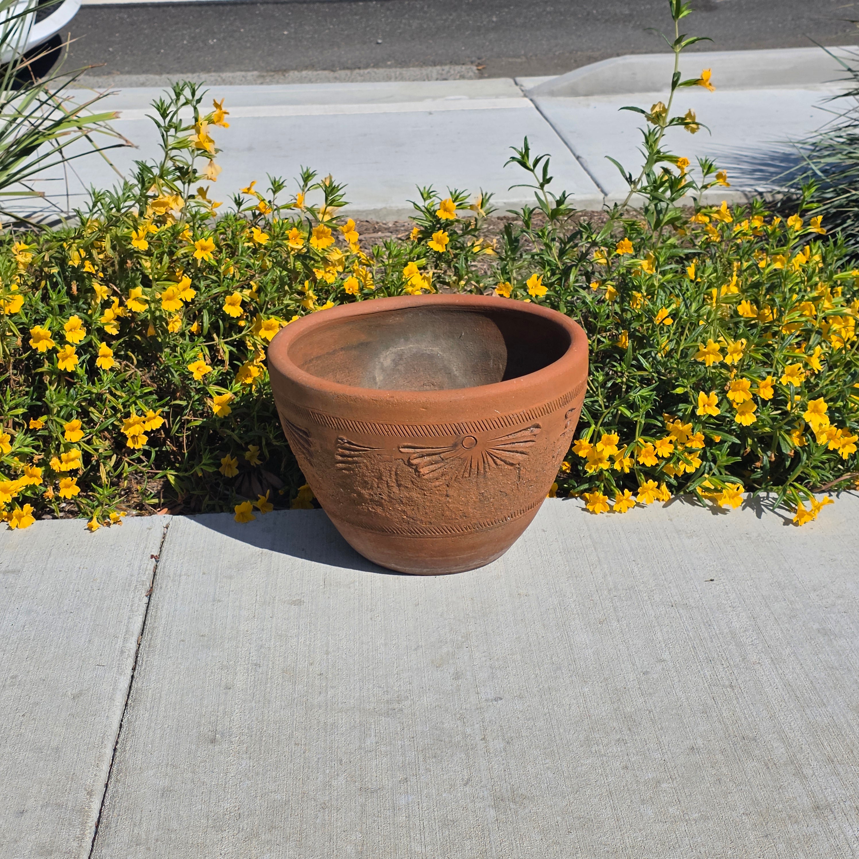 Vintage Mexican Terracotta Planter Large 16" Sunburst Aztec Clay Pot Garden Urn