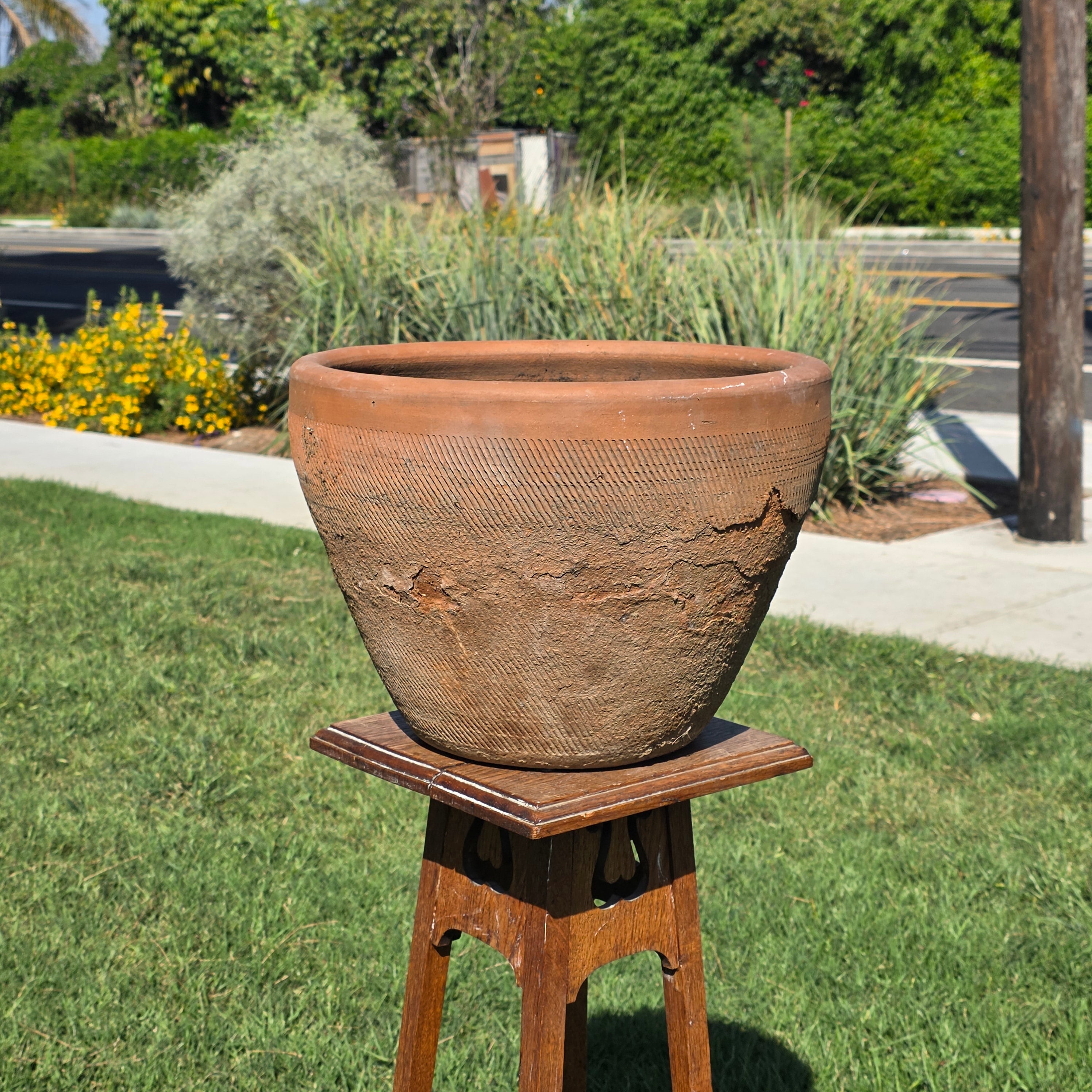 Vintage Mexican Terracotta Planter Large 16" Primitive Rustic Wabi Sabi Garden Urn