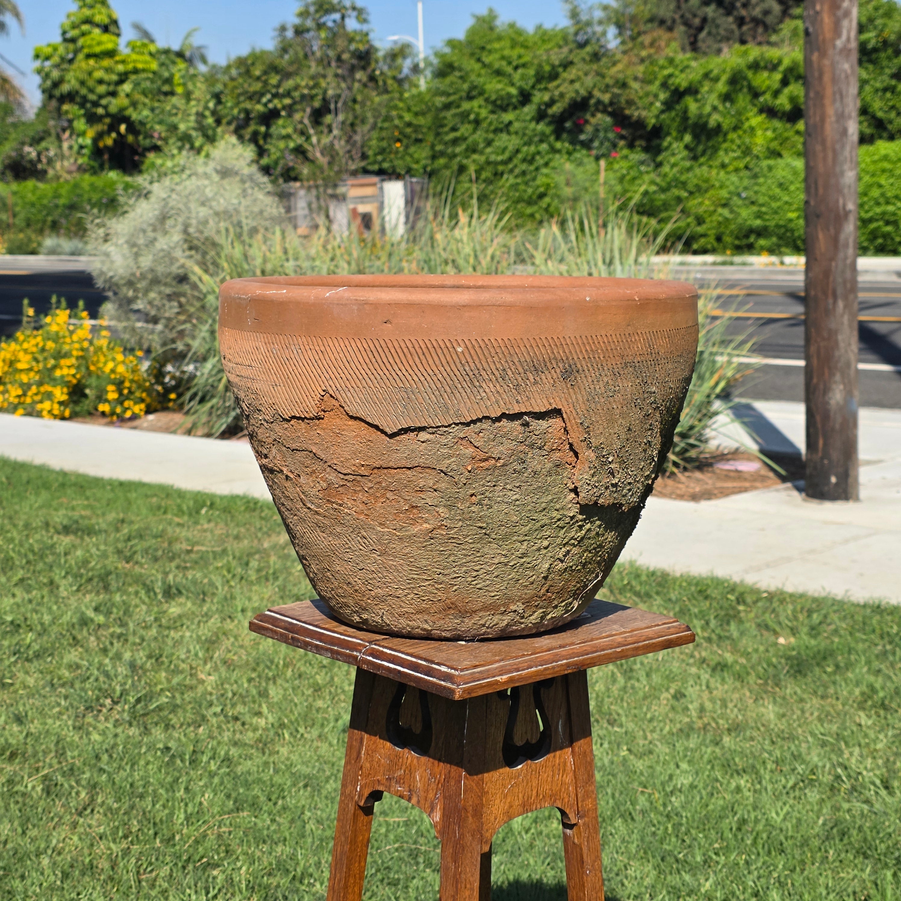 Vintage Mexican Terracotta Planter Large 16" Primitive Rustic Wabi Sabi Garden Urn