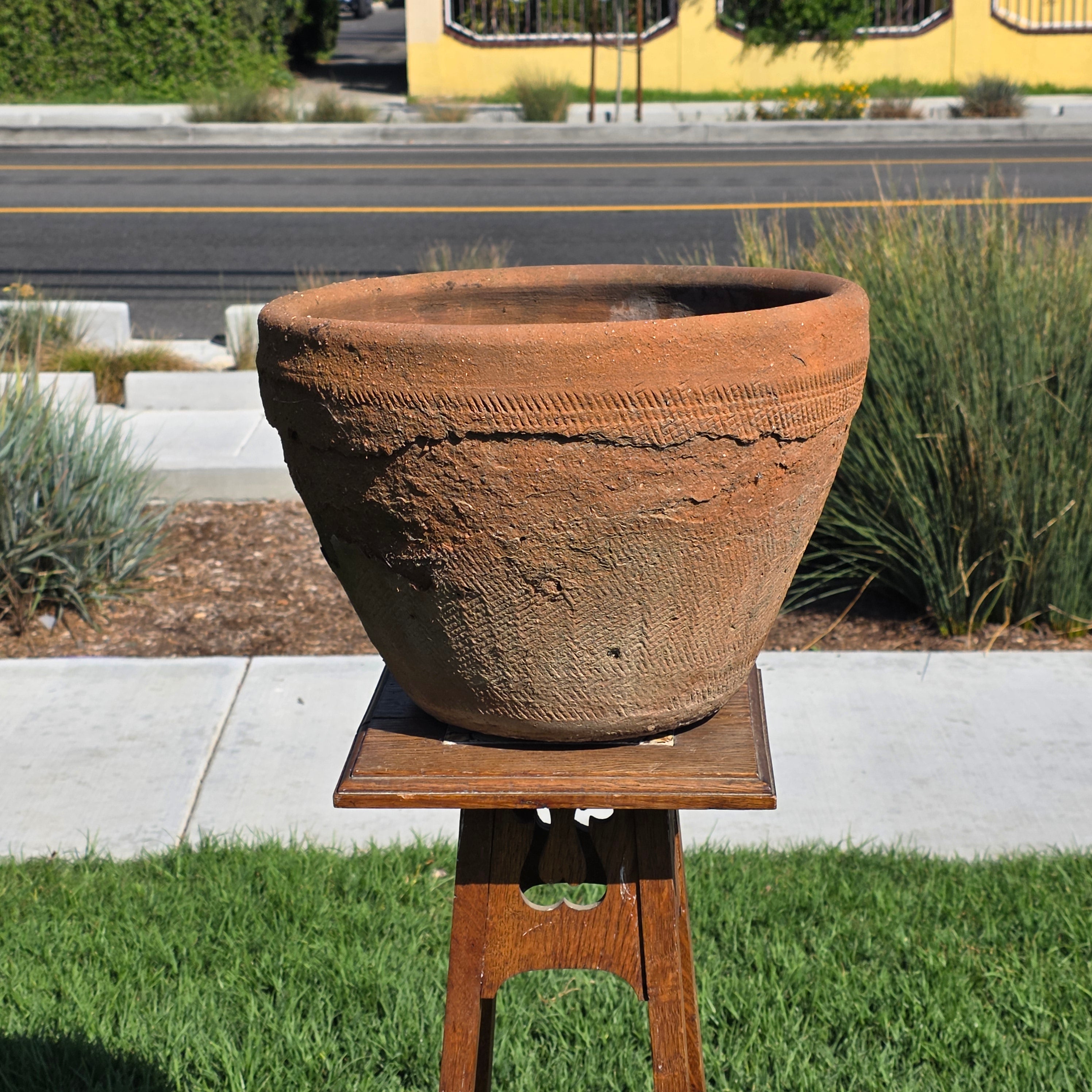 Vintage Mexican Terracotta Planter Large 16" Primitive Rustic Wabi Sabi Garden Urn